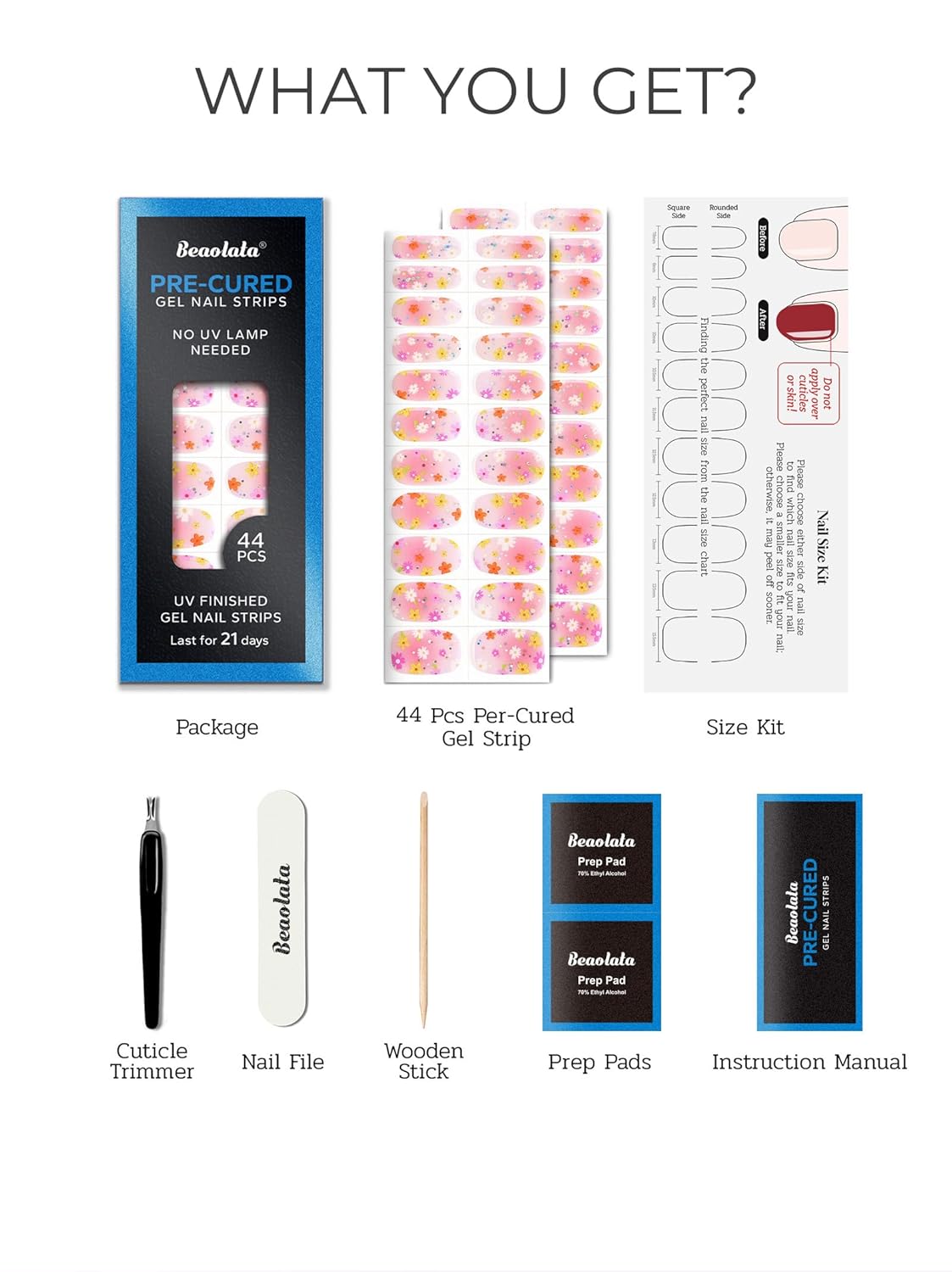 Pre Cured Gel Nail Strips - 44PCS Salon Quality Gel Nail Stickers - Long Lasting Polish Wraps for Women no UV Light Needed Easy Apply& Remove (Strawberry Pink)