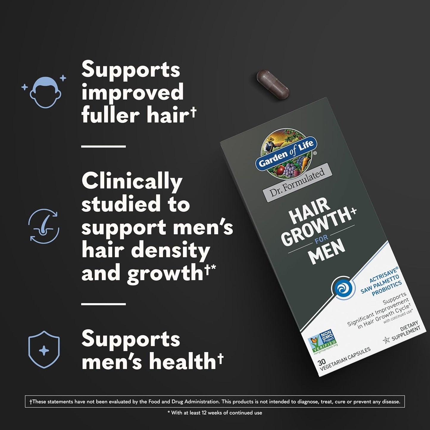 Garden of Life Dr. Formulated Hair Growth for Men with Clinically Studied Extracts and Saw Palmetto for Men to Support Men’s Hair Growth, 30 Count Vegetarian Capsules