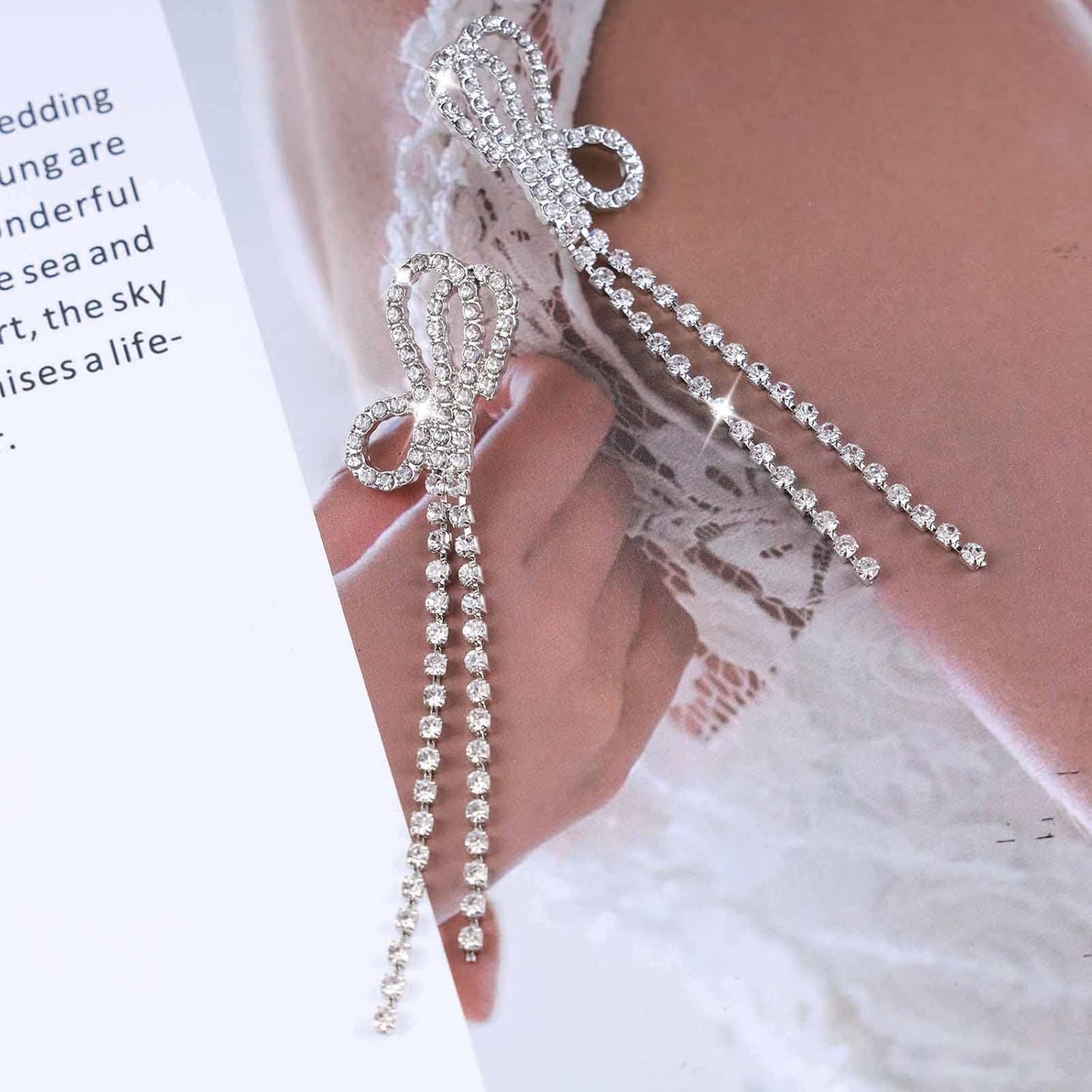 Vintage Crystal Chandelier Drop Earrings Long Rhinestone Chain Earrings Silver Cz Bow Tassel Earrings Sparkly Bridal Tennis Chain Earrings Jewelry for Women