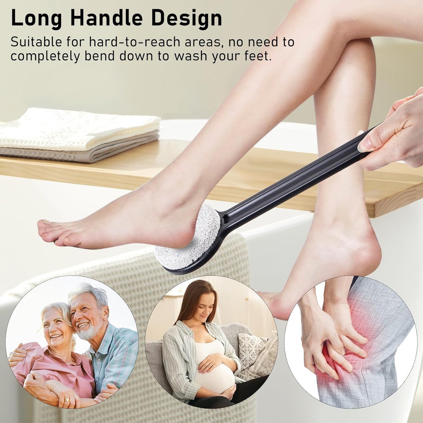 Pumice Stone for Feet with Long Handle (Straight Handle,Black, Count, 1.0)