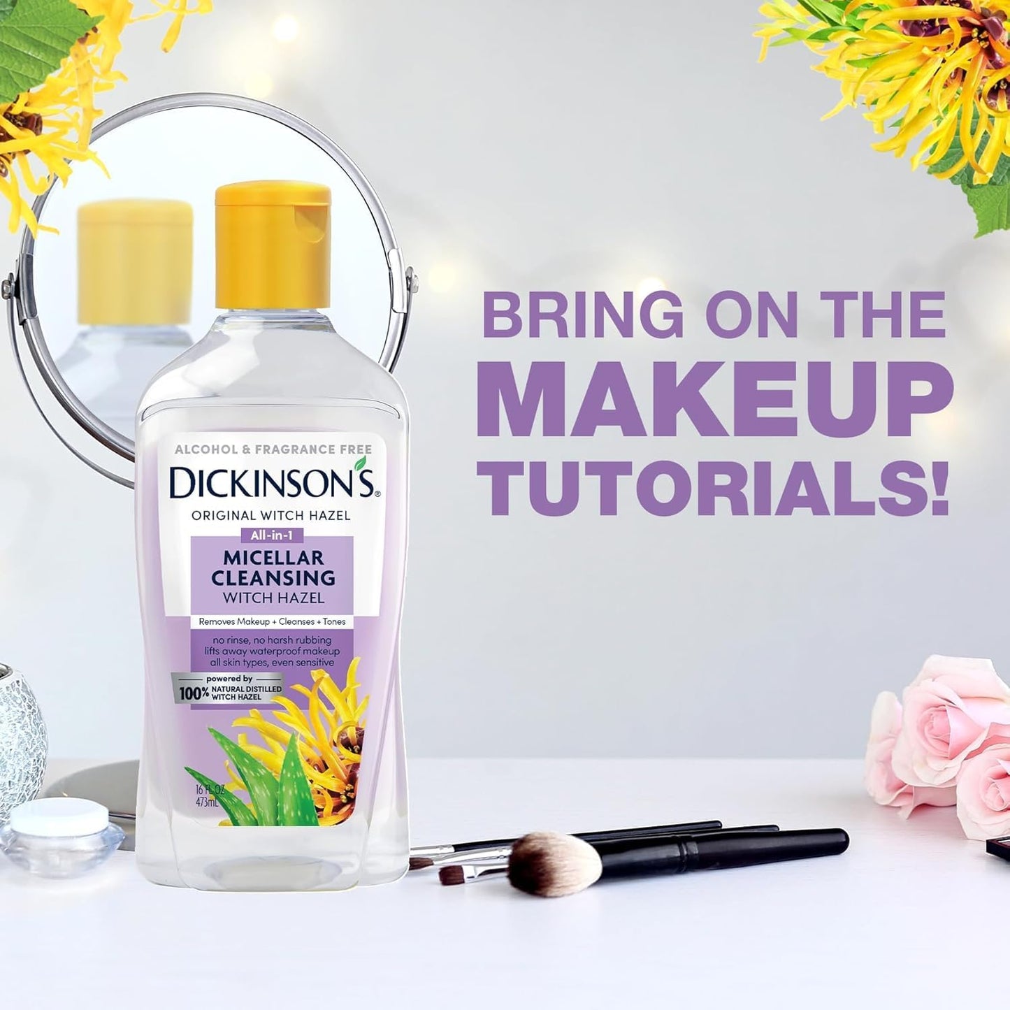 Dickinson's Micellar Cleansing Witch Hazel | 100% Natural Distilled Witch Hazel | Alcohol & Fragrance Free | Makeup Remover, Skin Cleanser, Facial Toner | Removes Dirt, Oil, Makeup | 8 Fl Oz