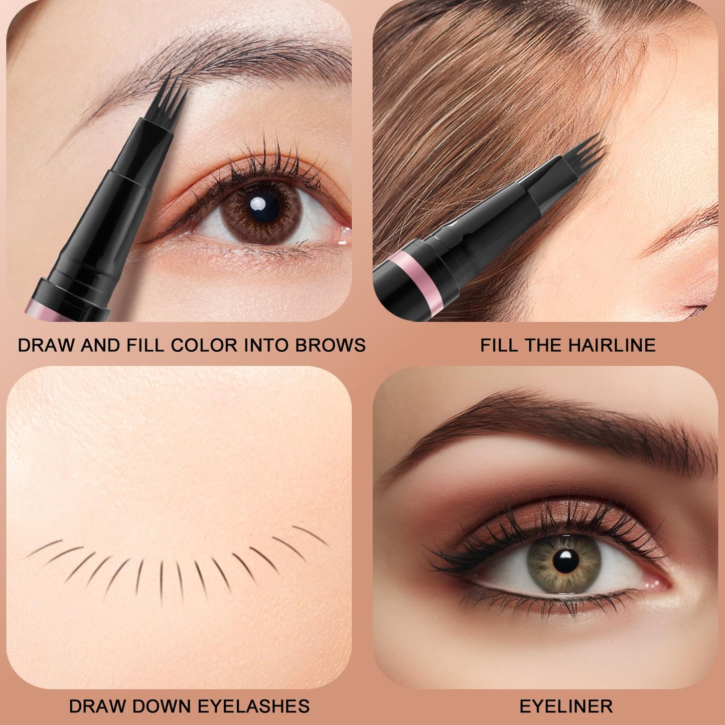 Eyebrow Pencil,2-in-1 Waterproof Eyebrow Pen with 4 Tip Brow Pen and Ultra-Precise Brow Pencil,with Dual-ended Eyebrow Brush,Eyebrow Makeup for Natural Looking Eyebrows - Dark Brown