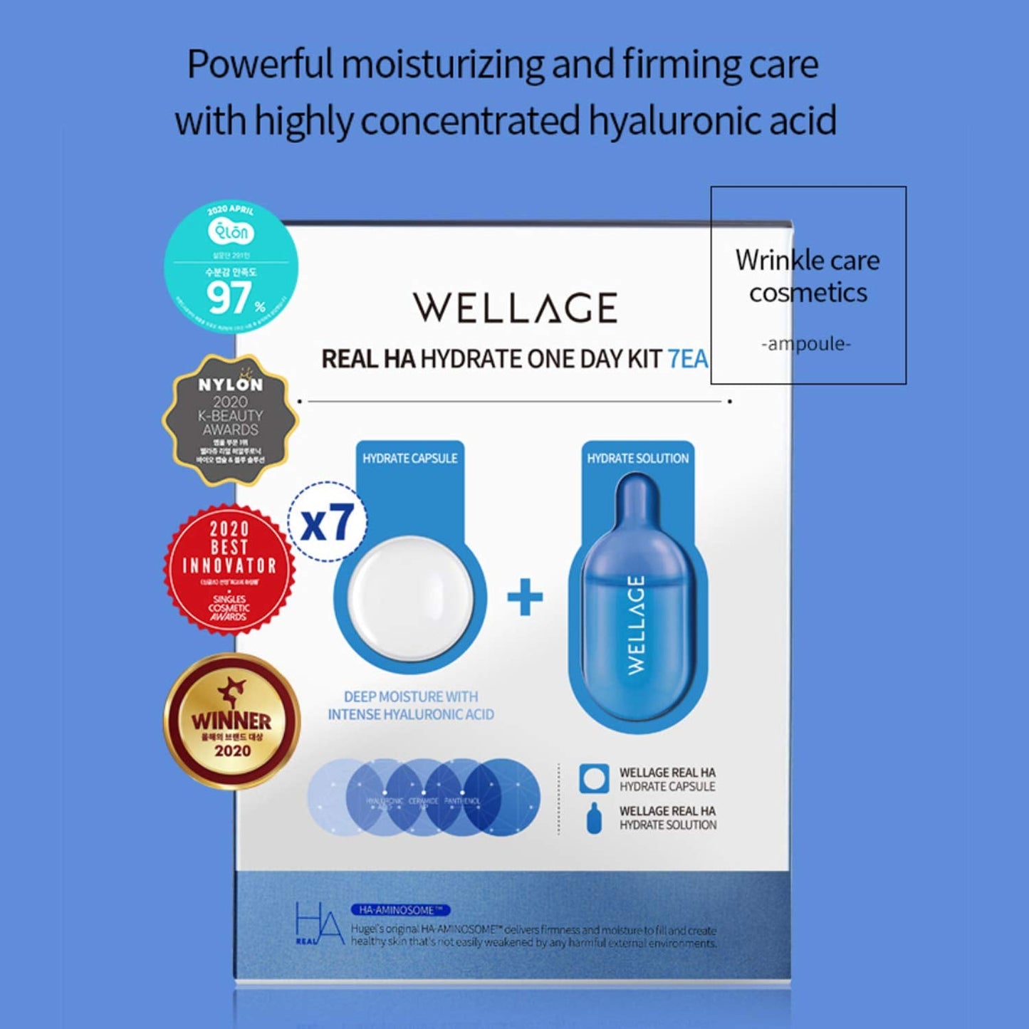 WELLAGE Real Hyaluronic Acid Hydrate One Day Kit Serum 7ea, Korean Beauty Secret Ampoule, High Concentration HA Ceramide 8 Herbal Extracts for Firming and Moisturizing Special Day Care