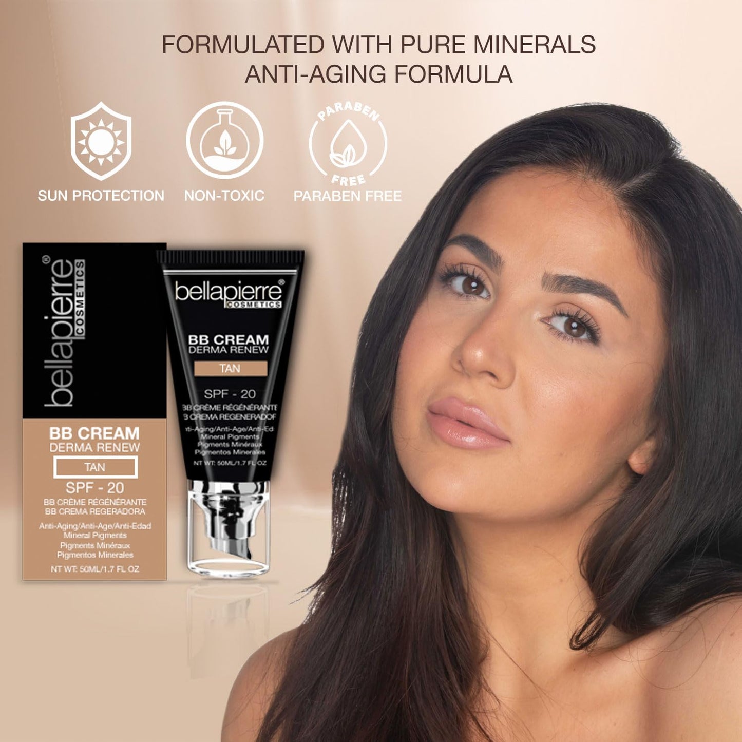 bellapierre BB Cream with SPF 20 - Tinted Sunscreen, Concealer, Matte Foundation, & Moisturizing Face Cream | Lightweight Formula + Pump Top Applicator | Non-Toxic & Paraben Free | 1.7 Oz - Light
