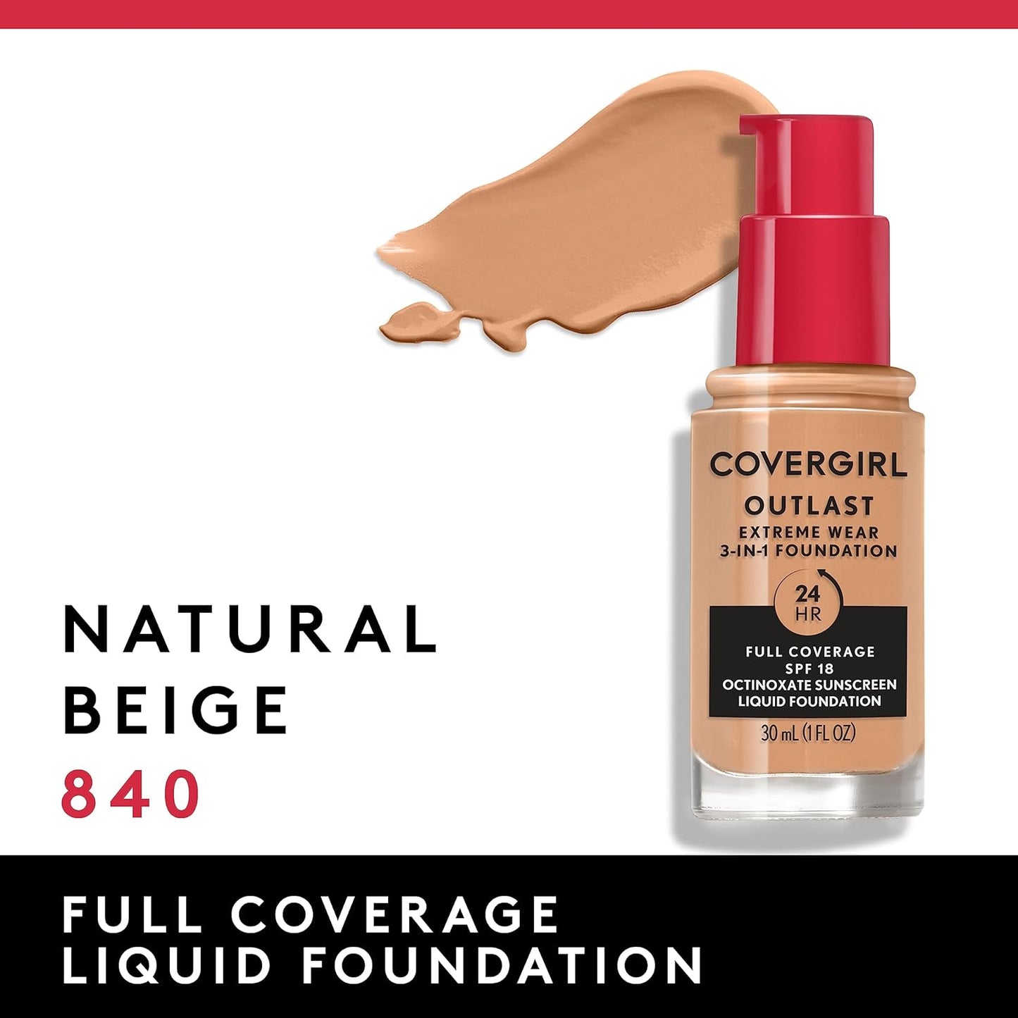 Covergirl Outlast Extreme Wear 3-in-1 Full Coverage Liquid Foundation, SPF 18 Sunscreen, Natural Beige, 1 Fl. Oz.