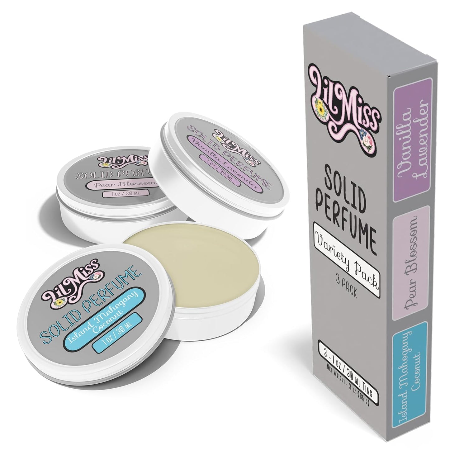 Women's Solid Perfume Sampler Set, Fragrance Balm Set for Women, Pack of Three Solid Perfume Fragrance (Island Mahogany Coconut, Pear Blossom, Vanilla Lavender)