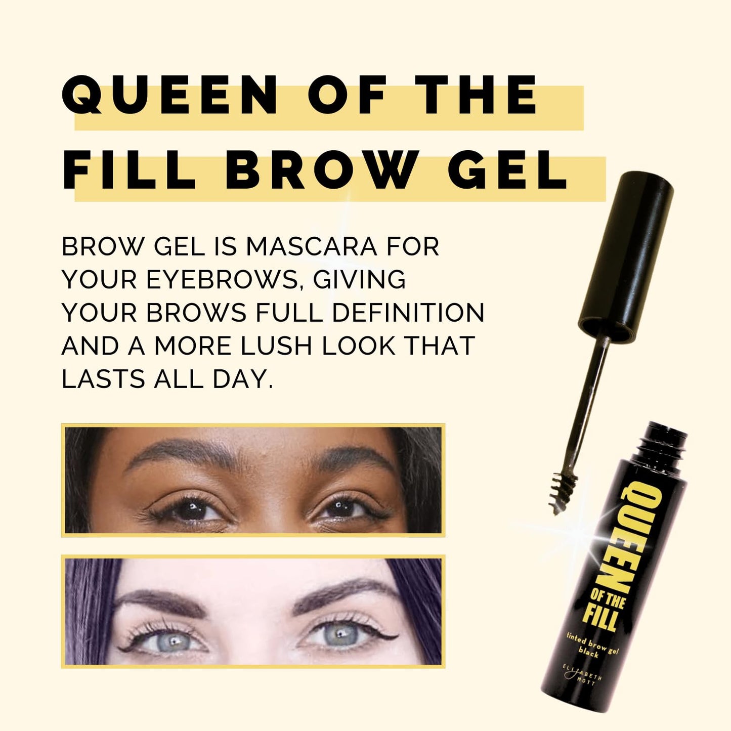 Elizabeth Mott Queen of the Fill Tinted Eyebrow Gel – Brow Filler, Volumizer & Setter – Defines, Shapes & Covers Gray Hairs – Water-Resistant, Long-Lasting – Cruelty-Free – Blonde Shade 4g