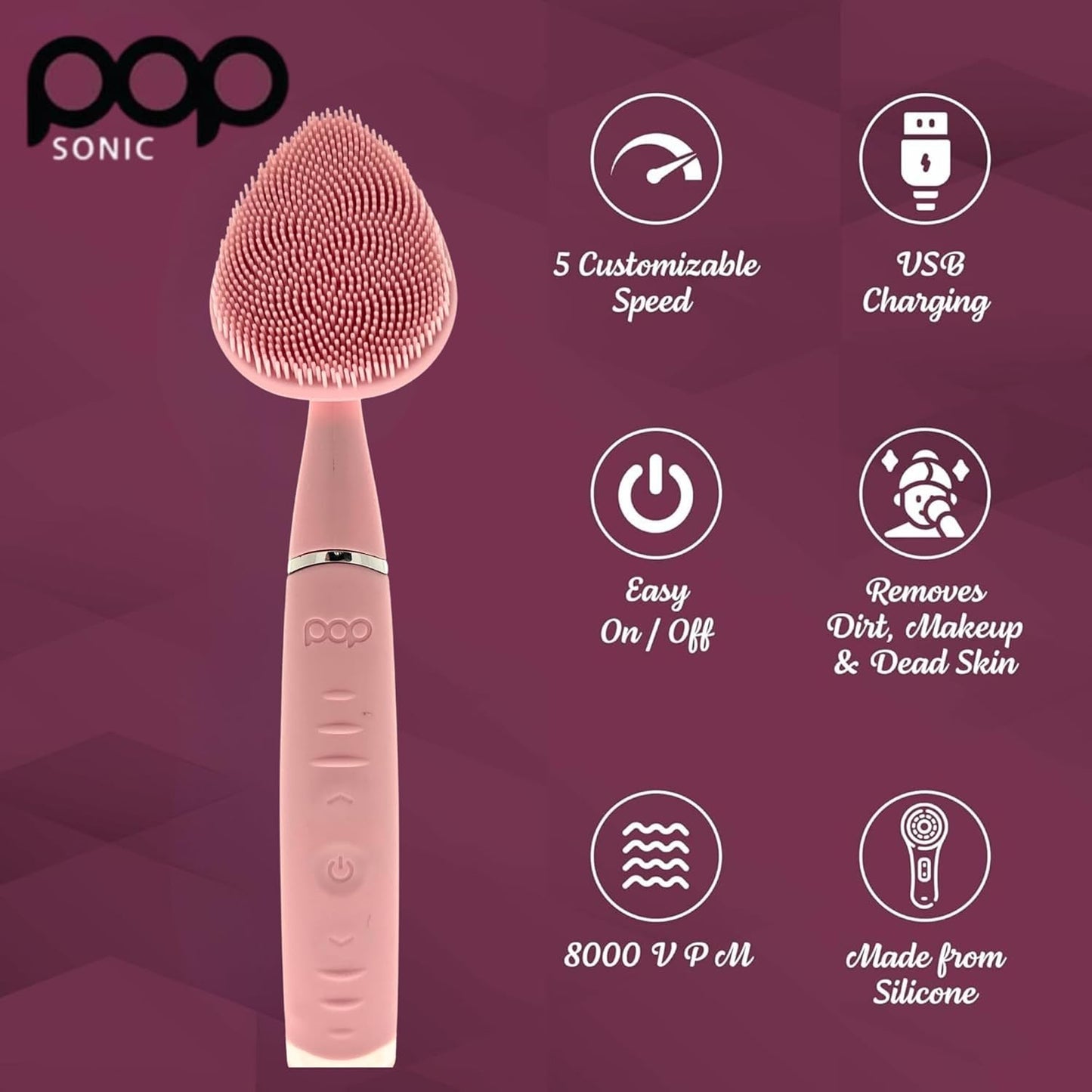 Clover Facial Cleansing Device Pink Silicone Facial Cleaner & Exfoliator w/ 8000 Vibrations Per Minute, 5 Speeds, USB Rechargeable Face Cleaning Scrubber & Cleansing Brush with Case
