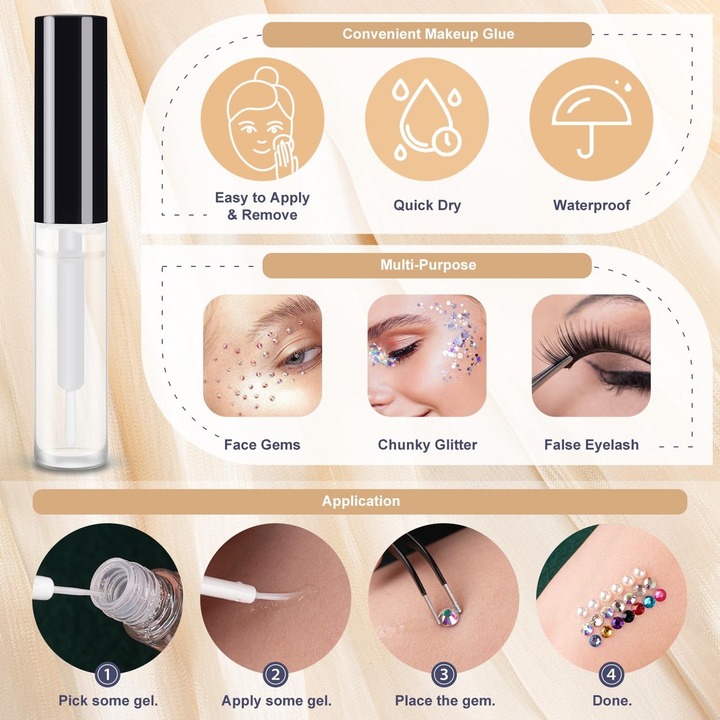 Colorful Face Gems for Makeup Set, Flatback Gorgeous Glass Clear+Mixed-Colored Crystals with Picker Pencil, Makeup Glue, Dual-End Dotting Tool, Tweezer for Eye Body Hair Make-up and Nail Art Deco