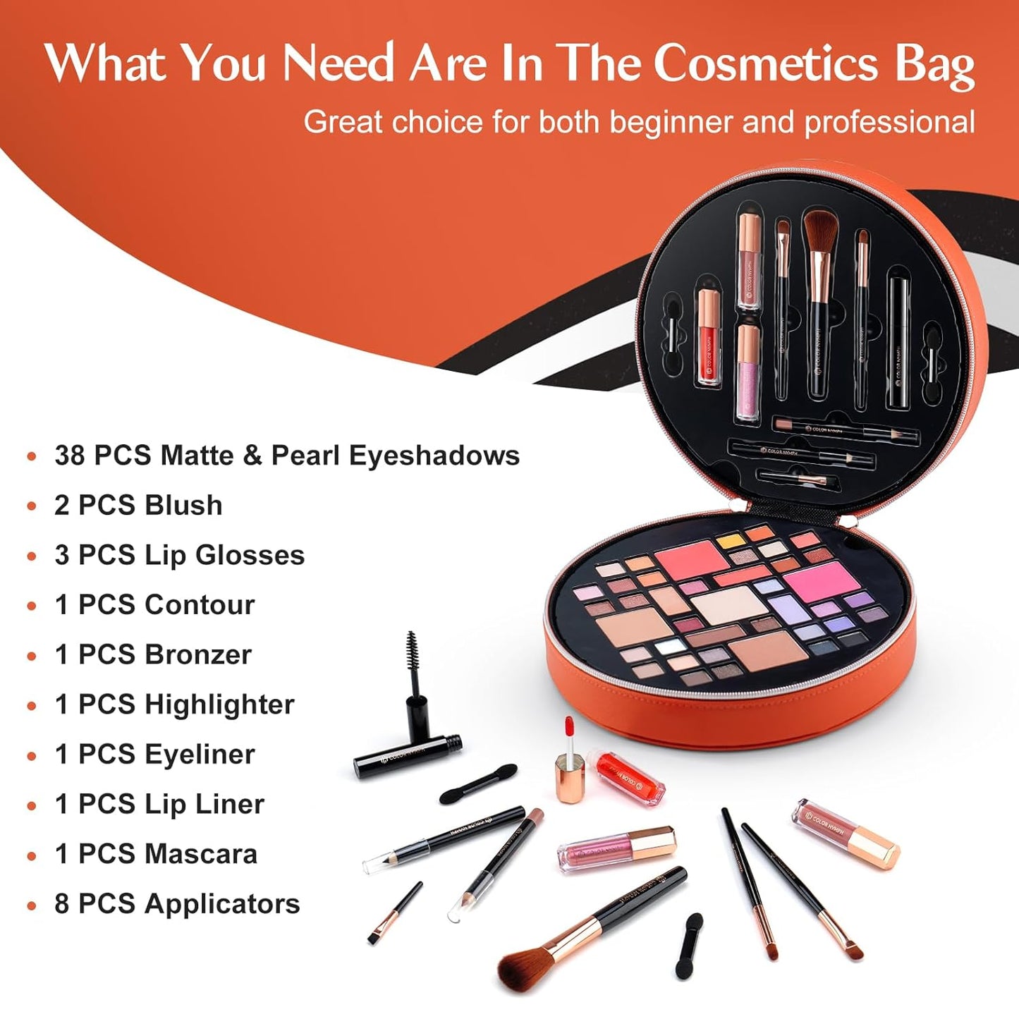 Color Nymph All In One Makeup Kit For Teens With Portable Cosmetics Bag, Multiple Makeups For Begginers As Christmas,New Year,Birthday Gift Included 38-Colors Eyeshadows Lipglosses Brushes(Orange)