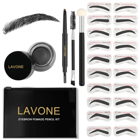 Eyebrow Stamp Stencil Kit for Eyebrows, Brow Stamp Trio Kit with Waterproof Eyebrow Pencil, Eyebrow Pomade, 20 Eyebrow Stencils, Dual-ended Eyebrow Brush and Sponge Applicator - Ash Black