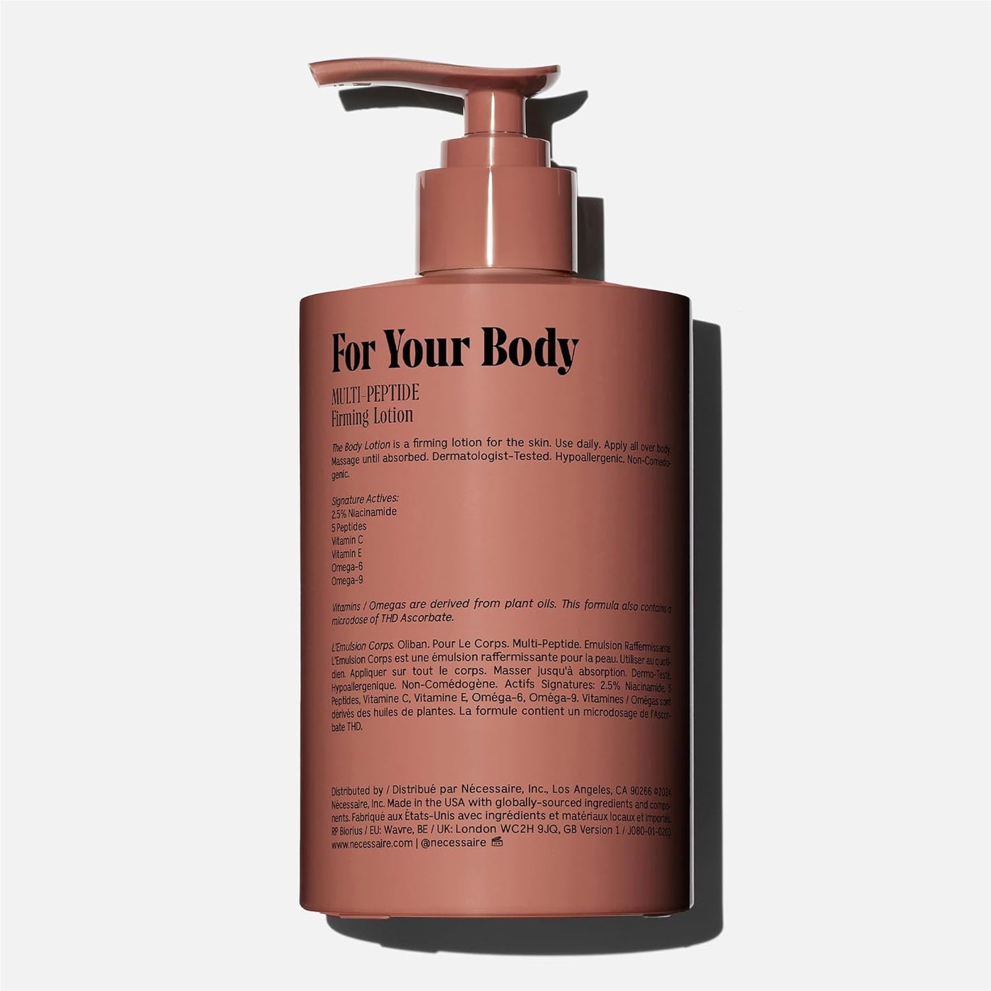Nécessaire The Body Lotion with Pump. Olibanum. Multi-Peptide Firming to Moisturize + Strengthen. 2.5% Niacinamide, Vitamin C/E + Omega 6/9. Notes of Vanilla, Fig Leaf, & Cassis Buds. 450ml/15.2 fl oz