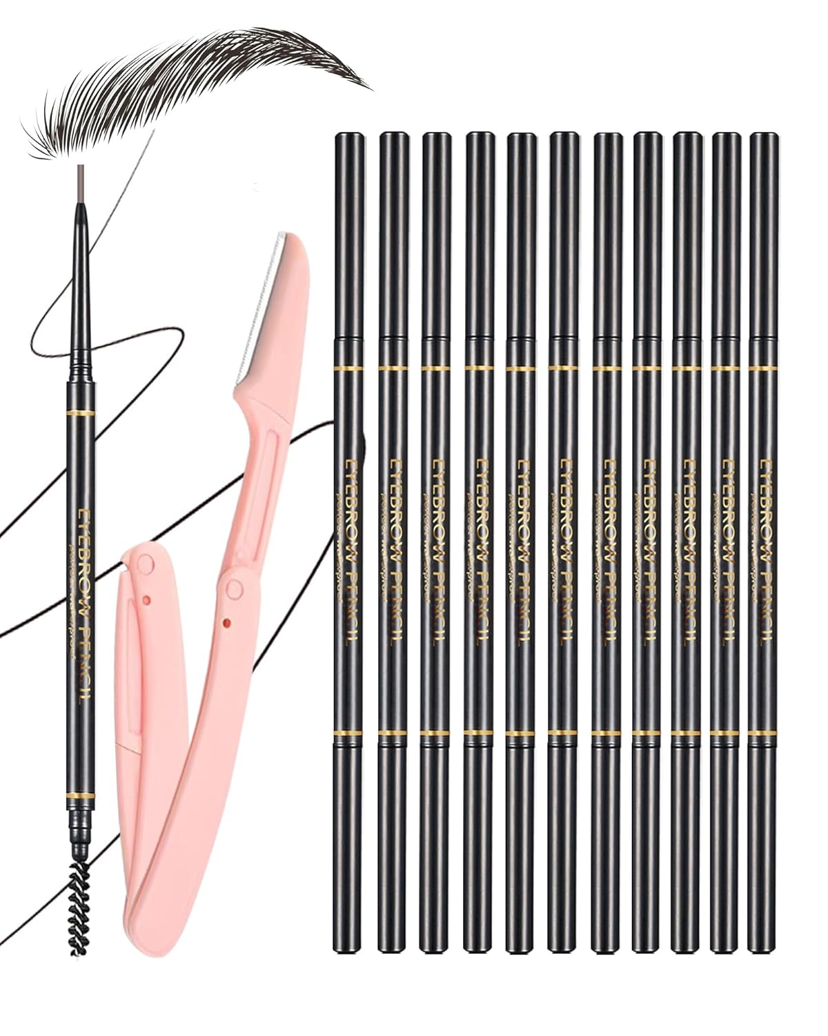 Black Eyebrow Pencils for Women, 12Pcs Ultra Slim Eyebrow Pencil with 2 Brow Razors Kit, Double Head 1.5mm Micro-Fine Tip & Spiral Brush, Can Draw Fine and Long-Lasting Brows Makeup