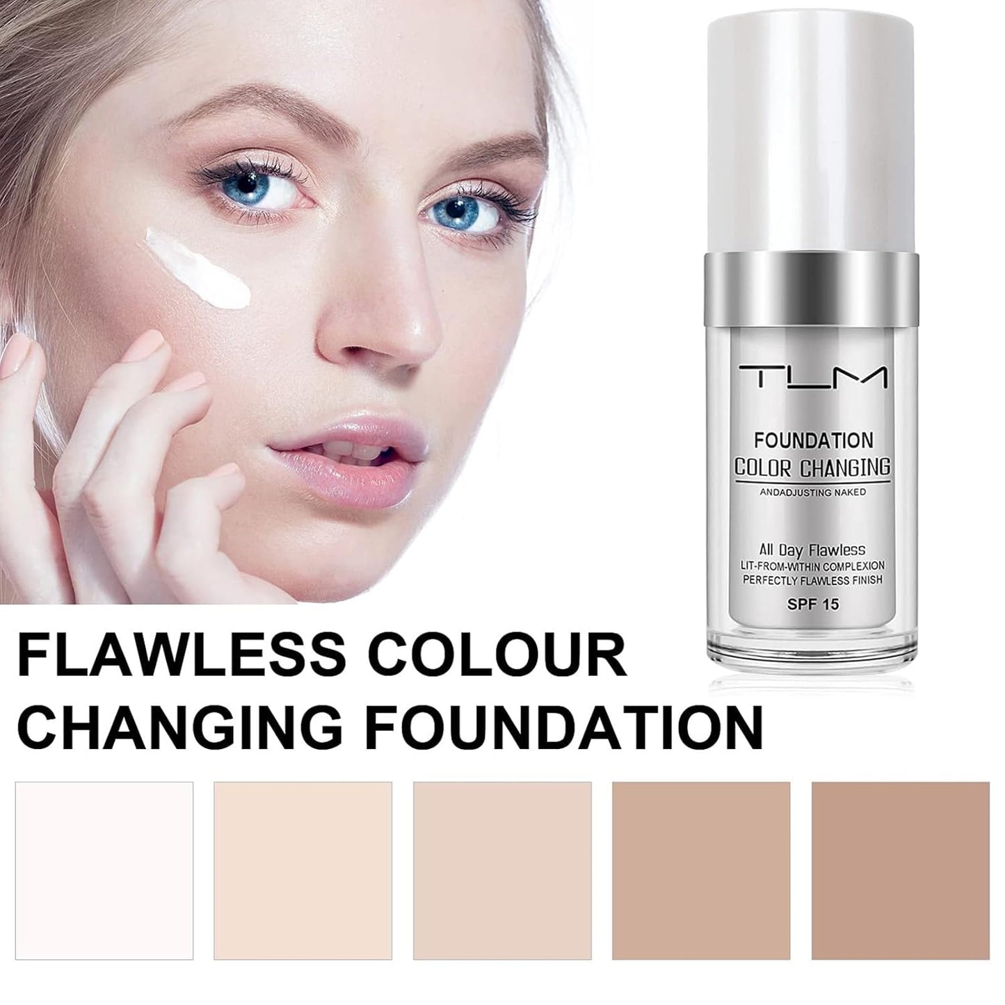 2 PACK TLM Color Changing Foundation Liquid Base,TLM Concealer Cover Cream,All Day Flawless Warm Skin Tone BB Cream Makeup Base Concealer for All Skin SPF15