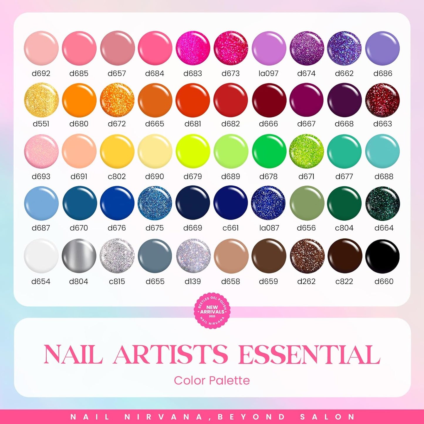 Beetles Gel Polish Liner Nail Art Set, 50 Colors Spring Summer Reflective Glitter Pink Red Blue Green Silver Gel Polish Soak Off UV Built Thin Brush in Bottle Nail Design Polish Rainbow Nails