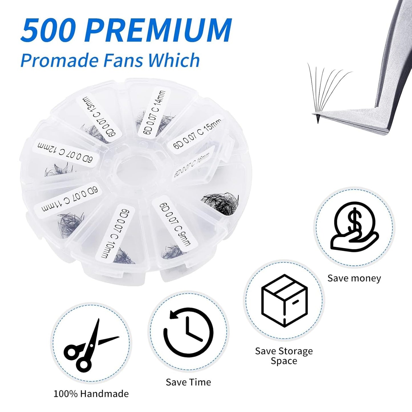 Premade Fans for Lash Extension: 6P, Wendy, Handmade Fans, Pre-made, For Lash-Artists, D, 9-16mm