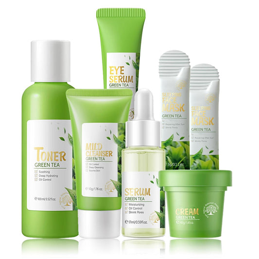 Skin Care Products Set, Green Tea Skin Care Sets, Women Gift Sets,Skin Care Routine Kit with Toner, Serum, Face Cream, Eye Cream Cleanser, Sleep Mask,Korean Beauty Products (SetD)