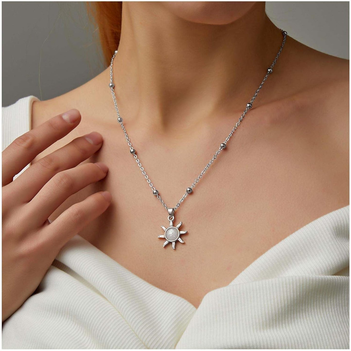 Vintage Opal Crystal Sun Pendent Necklace Opal Sunburst Necklace Moonstone Sun Choker Necklace Gold Ball Chain Necklace Jewelry for Women (Gold)