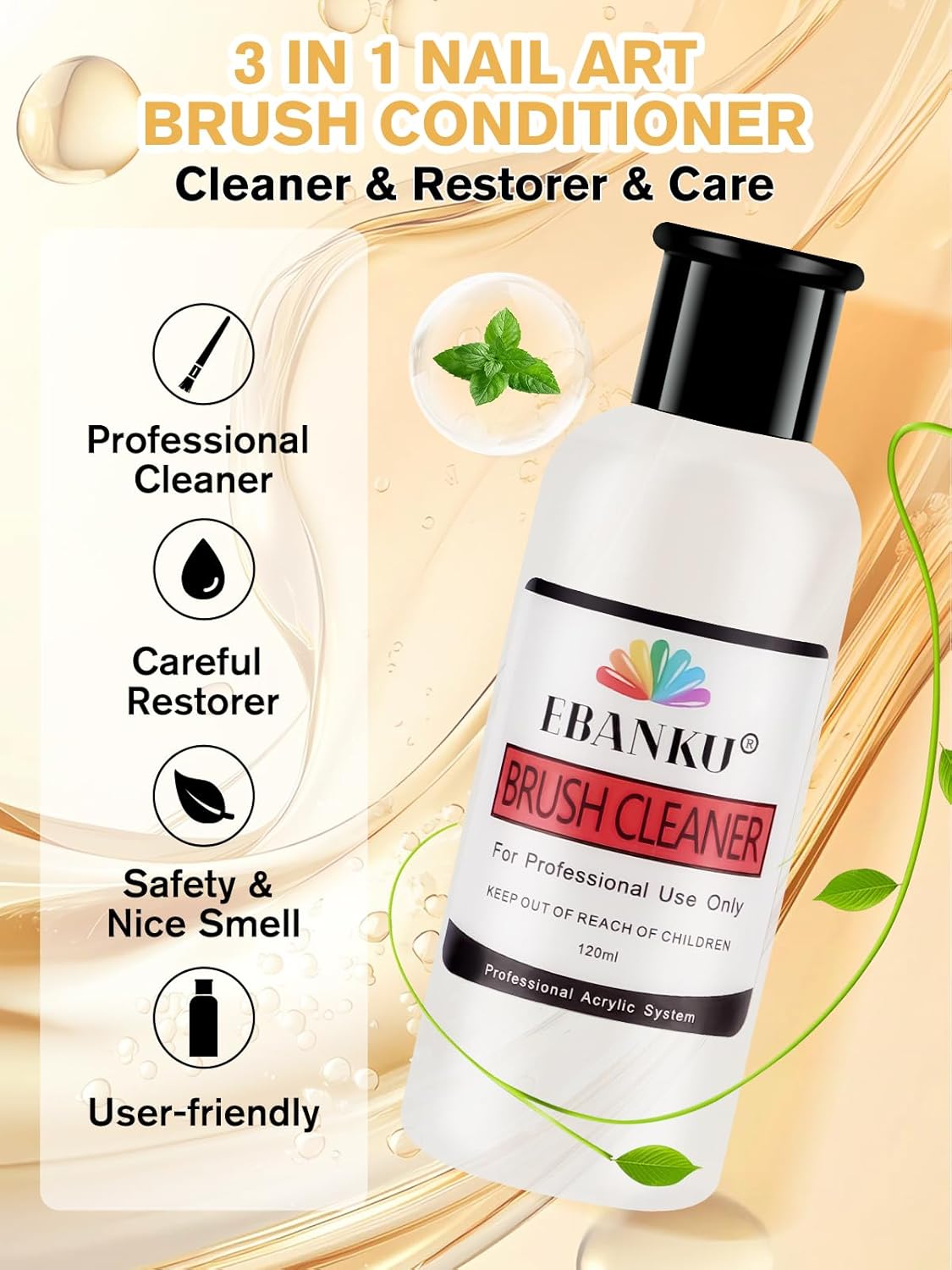 EBANKU 120ml Acrylic Nail Brush Cleaner, 3 in 1 Nail Art Brushes Conditioner Nail Brush Clean Solution Quickly Clean for Solid Gel Polish/Nail Extension Gel