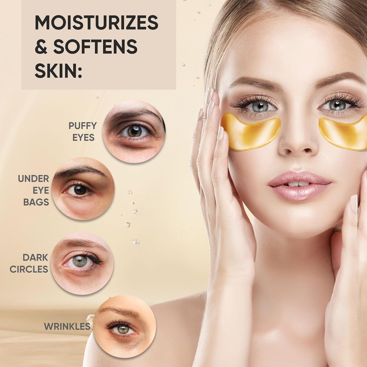 20Pcs/10Pairs Under Eye Patches Gold for Dark Circles, Puffy Eyes, and Wrinkles, 24K Gold Eye Mask for Face, Eye Cream for Men and Women