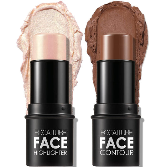 FOCALLURE 2 Pcs Contour Foundation Stick, Highlighter & Bronzer Pen, Face Brightens & Shades Pencil, Highlighting Shade Longwear Makeup, Highlight Bronzer Shaping Trimming Stick,Neutral