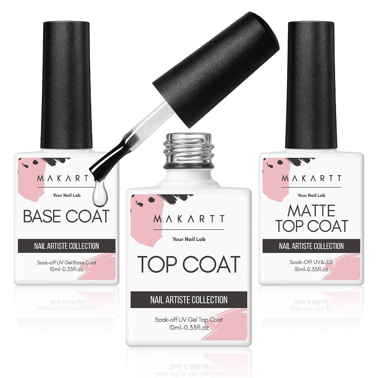 Makartt No Wipe Gel Top and Base Coat Set – Matte & Glossy Finish, 3pcs Soak-Off Long Lasting Gel Nail Polish Essentials, No Yellowing, UV/LED Lamp Required, DIY Nail Art Gift for Women, 10ml