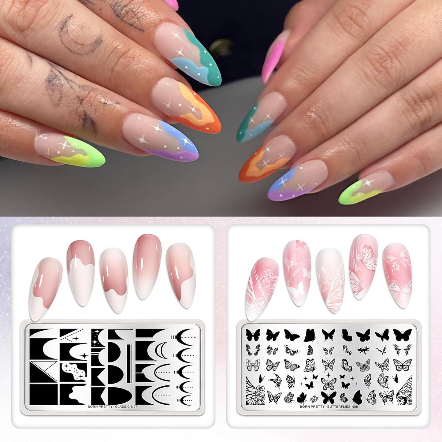 Born Pretty Nail Stamping Plates Set Nail Art Image Plates Plaid Flowers Leaves Geometric French Stamp Templates Kit Image Manicuring DIY Printing Tools 6PCS