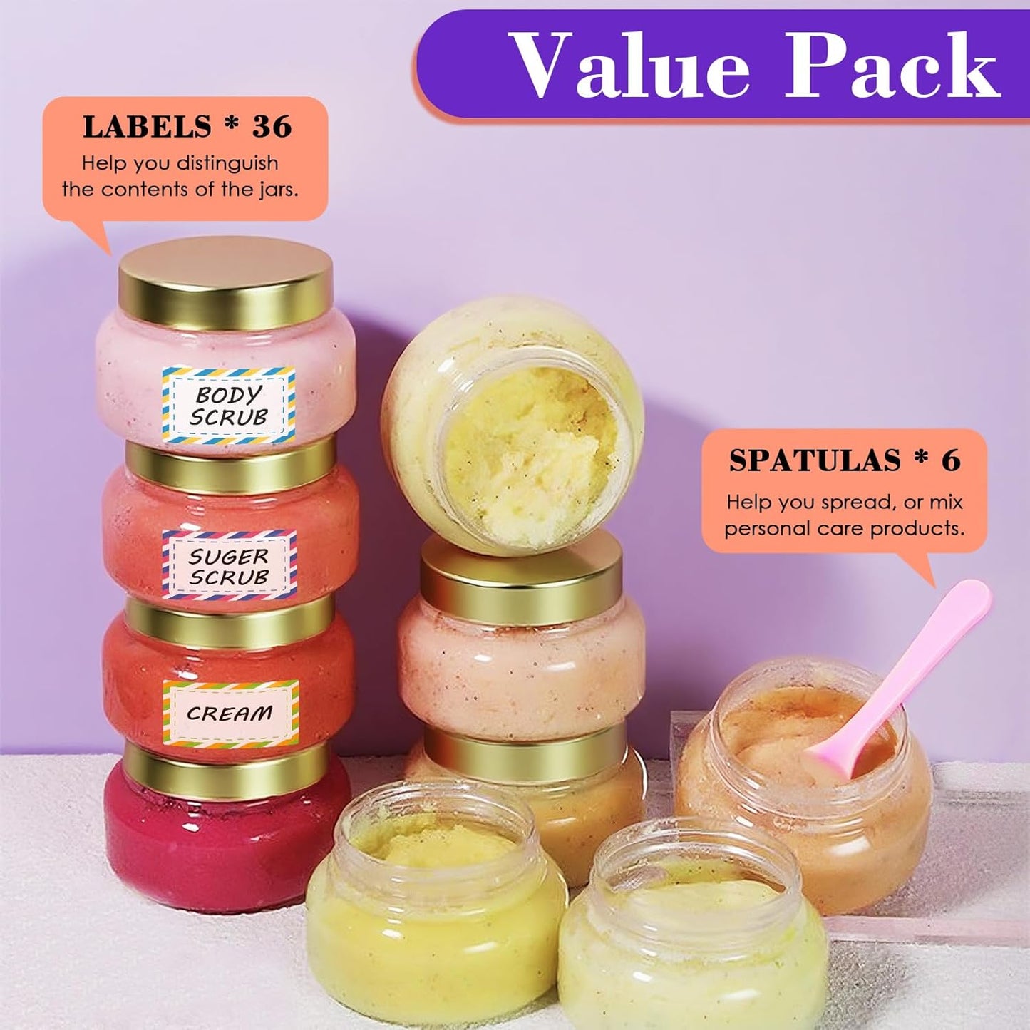 36 Pack 5 oz Plastic Cosmetic Containers With Lids Refillable Clear Empty Travle Jars Containers for Body Butter,Sugar Scrubs,Cream,Lotions,Candy, Waterproof Label&Spatulas - (Rose Gold Lid)