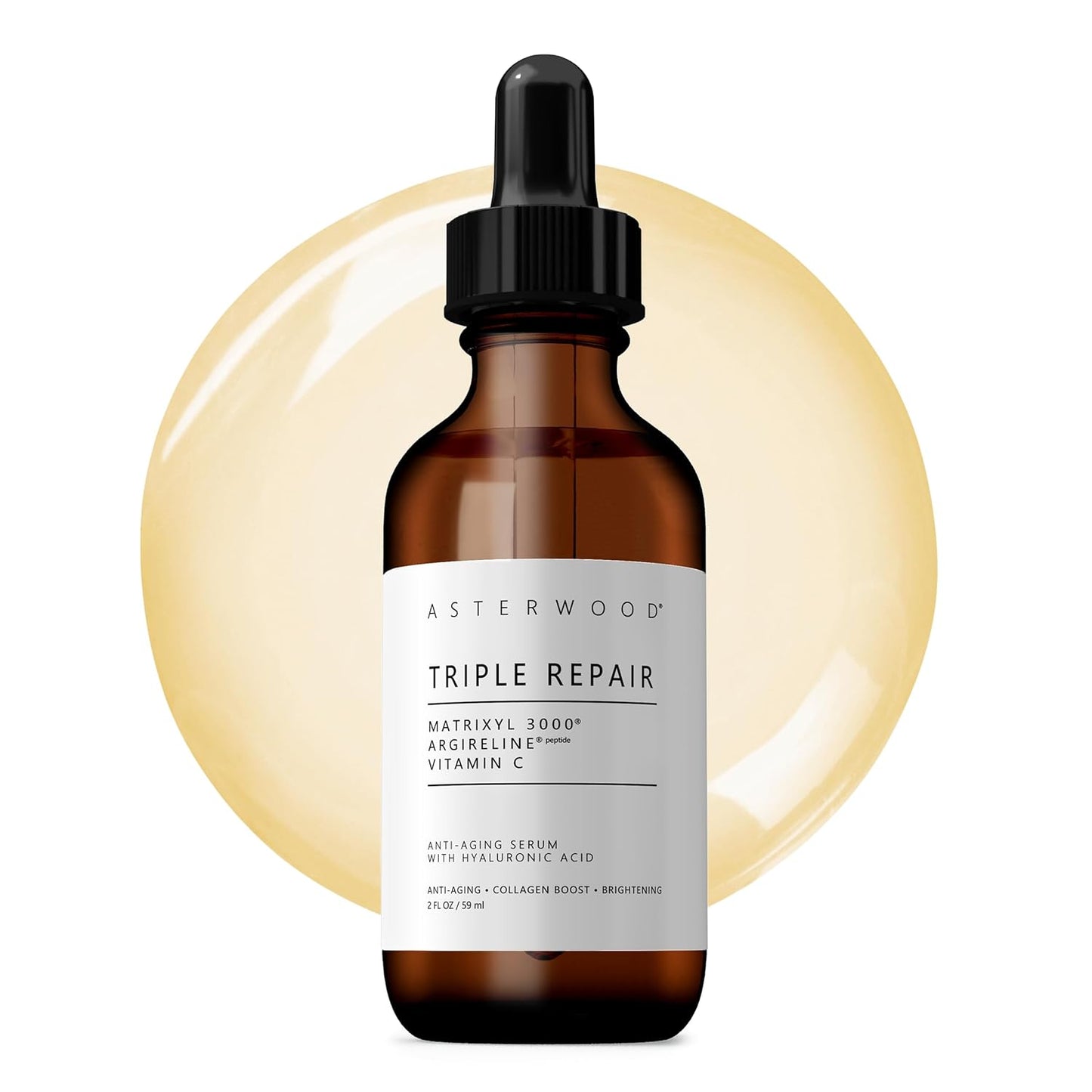 Asterwood Triple Repair Matrixyl 3000 + Argireline + Hyaluronic Acid + Vitamin C Serum for Face - Anti-Aging, Collagen Boosting, Hydrating - Fragrance-Free - 2 Fl Oz