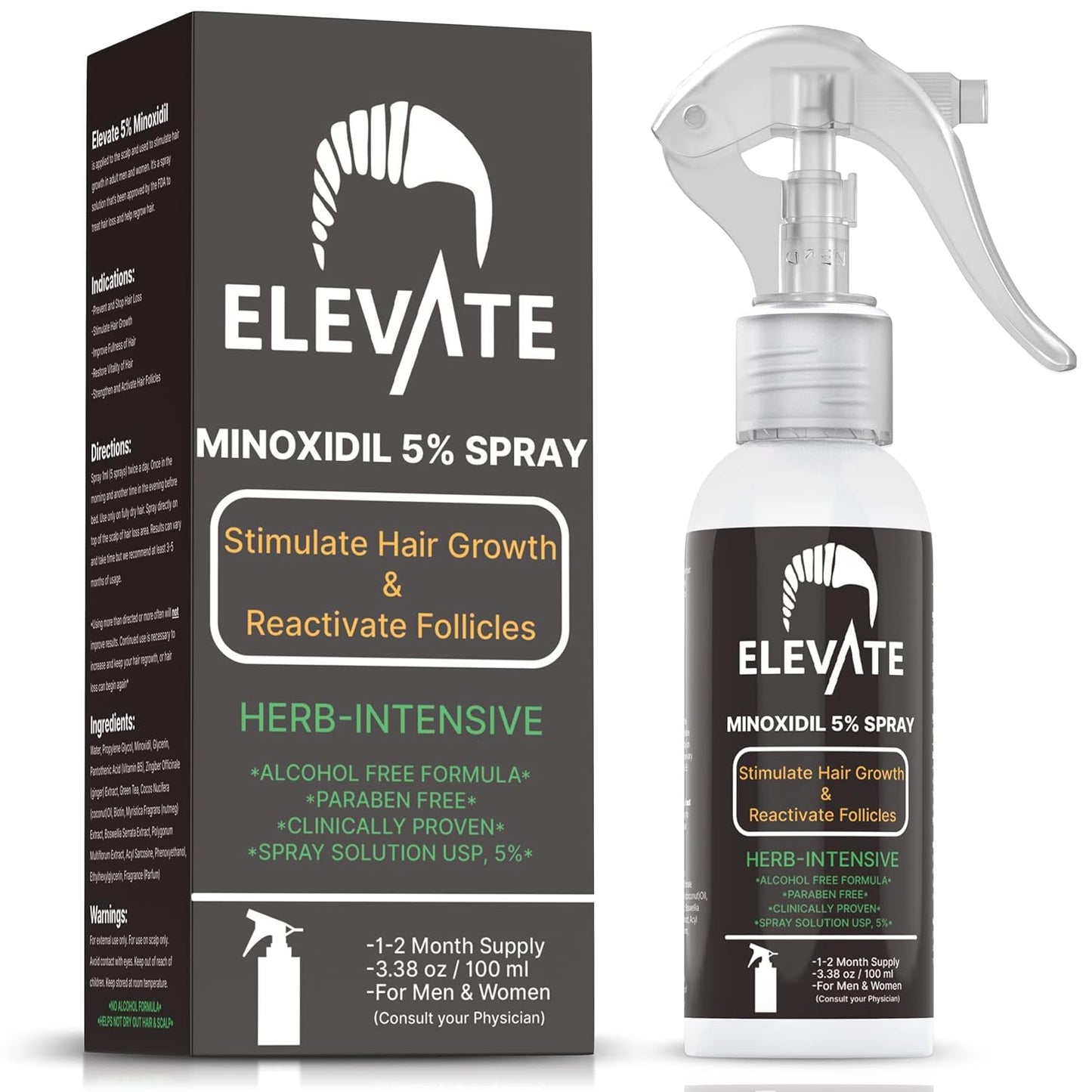 ELEVATE 5% Minoxidil Hair Growth Spray - Alcohol Free Non Oily Formula Extra Strength Professional Treatment for Hair Loss/Regrowth - Stimulate Hair Follicles for Men & Women - 1 Month Supply