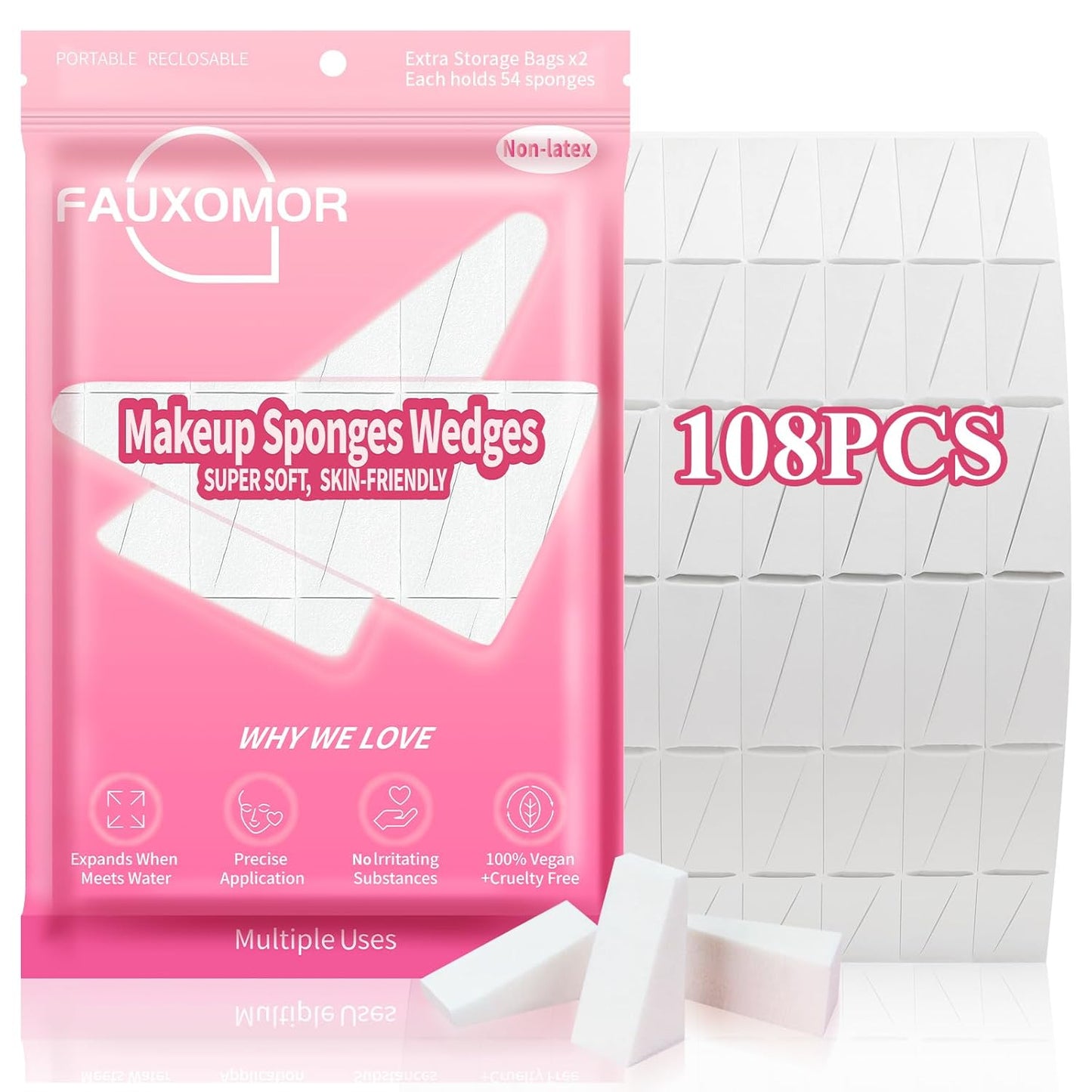 108 Pcs New Makeup Sponges Wedges for Face Foundation, Latex-Free Triangle Cosmetic Make Up Sponge for Flawless Application and Blending, Beauty Blender for All Skin Types with Two Pouches