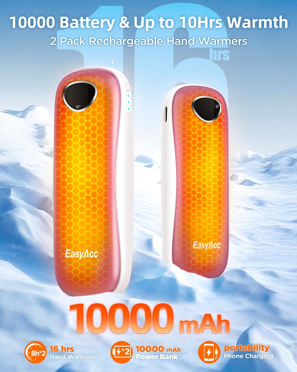EasyAcc® Pocket Size Hand Warmers Rechargeable, Golf Hunting Hand Warmers, Real 16 Hrs Warmth, Heat Up to 131℉, UL Certified, Gloves Fitting, Golf Raynauds Skiing Essentials, Gifts Women Men