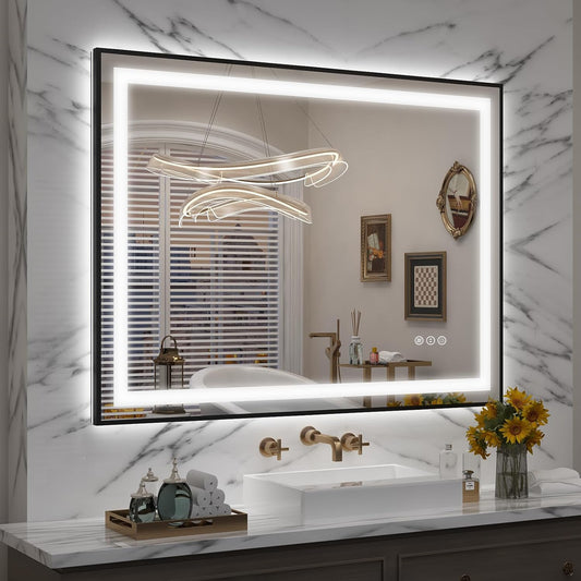 OKPAL 40x32 LED Bathroom Mirror with Lights, Lighted Mirrors for Bathroom Wall, Black Frame Lighted Vanity Mirror, Front and Backlit, Dimmable, Anti-Fog, Memory, Horizontal/Vertical