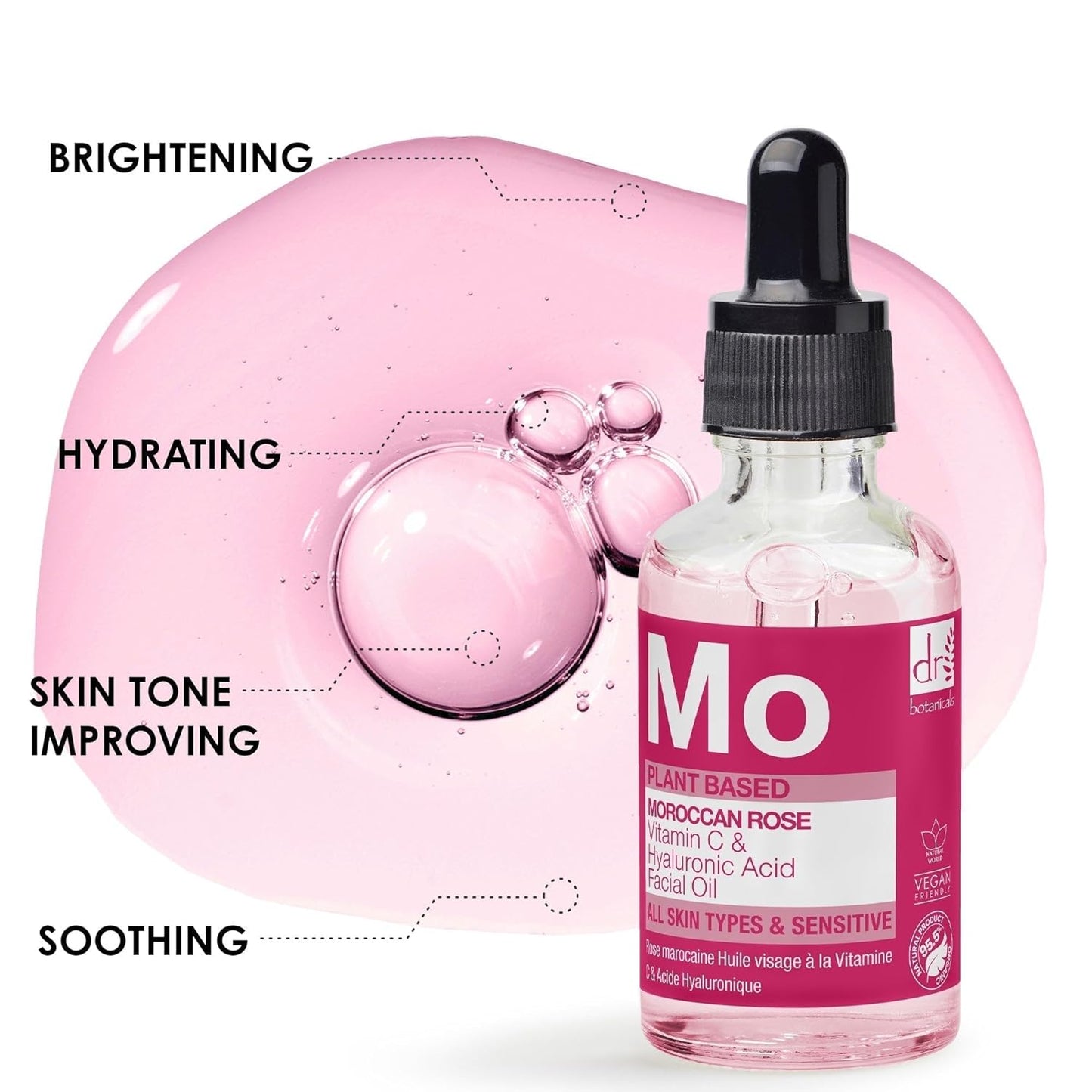 Dr Botanicals Moroccan Rose Oil -With Vitamin C & Hyaluronic Acid – Anti-Ageing, Brightening & Hydrating Water-Based Serum - Glow-Boosting Facial Oil for Radiant Skin – Made in UK – 30ml