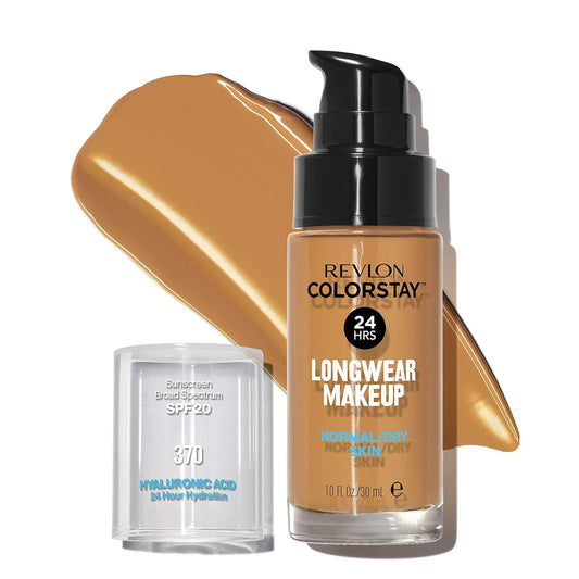Revlon Liquid Foundation, ColorStay Face Makeup for Normal & Dry Skin, SPF 20, Longwear Medium-Full Coverage with Natural Finish, Oil Free, 370 Toast, 1 Fl Oz