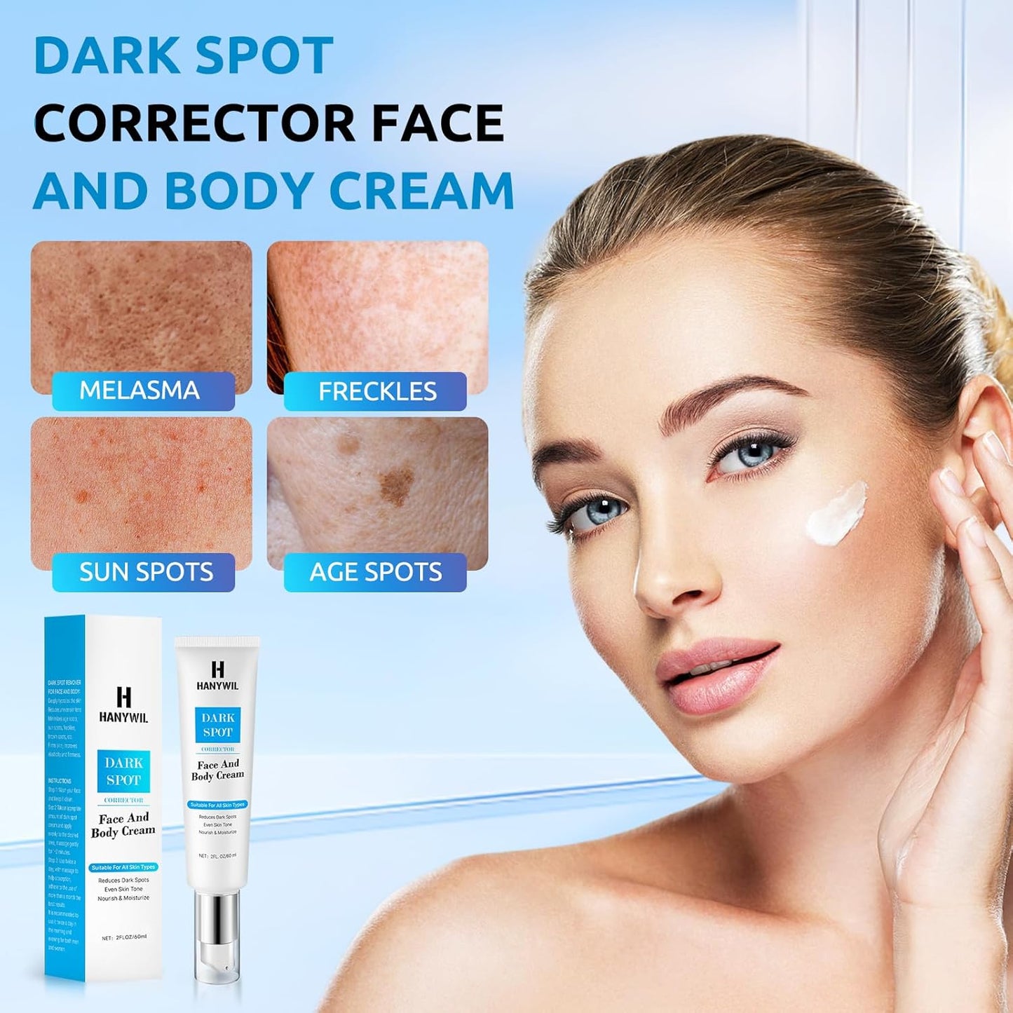HANYWIL Dark Spot Corrector Cream for Hyperpigmentation,Brightening Serum for Face & Body,Rapid Fade Treatment for Sun Spots, Age Spots & Melasma,Dermatologist-Tested Skin Tone Evenser (2.0 Fl Oz)