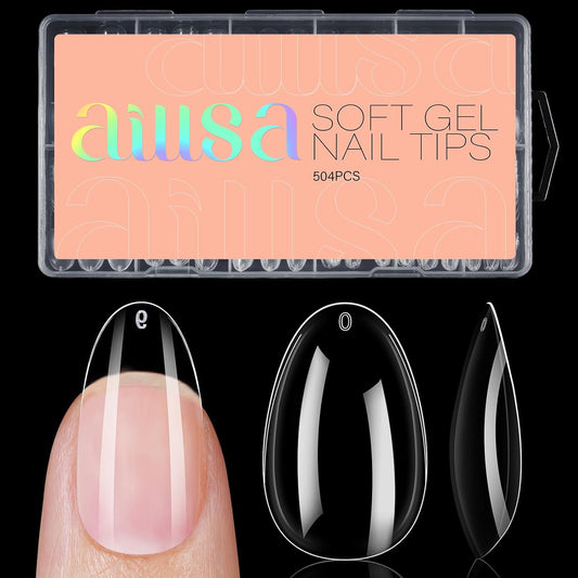 AILLSA Short Almond Nails 504PCS Clear Gel Nails Tips Press on False Soft Nails Tip Full Cover Fake Gelly Nails Tips for Nail Extension DIY Home Salon Gift, 10 Sizes Preshaped Nail Tips