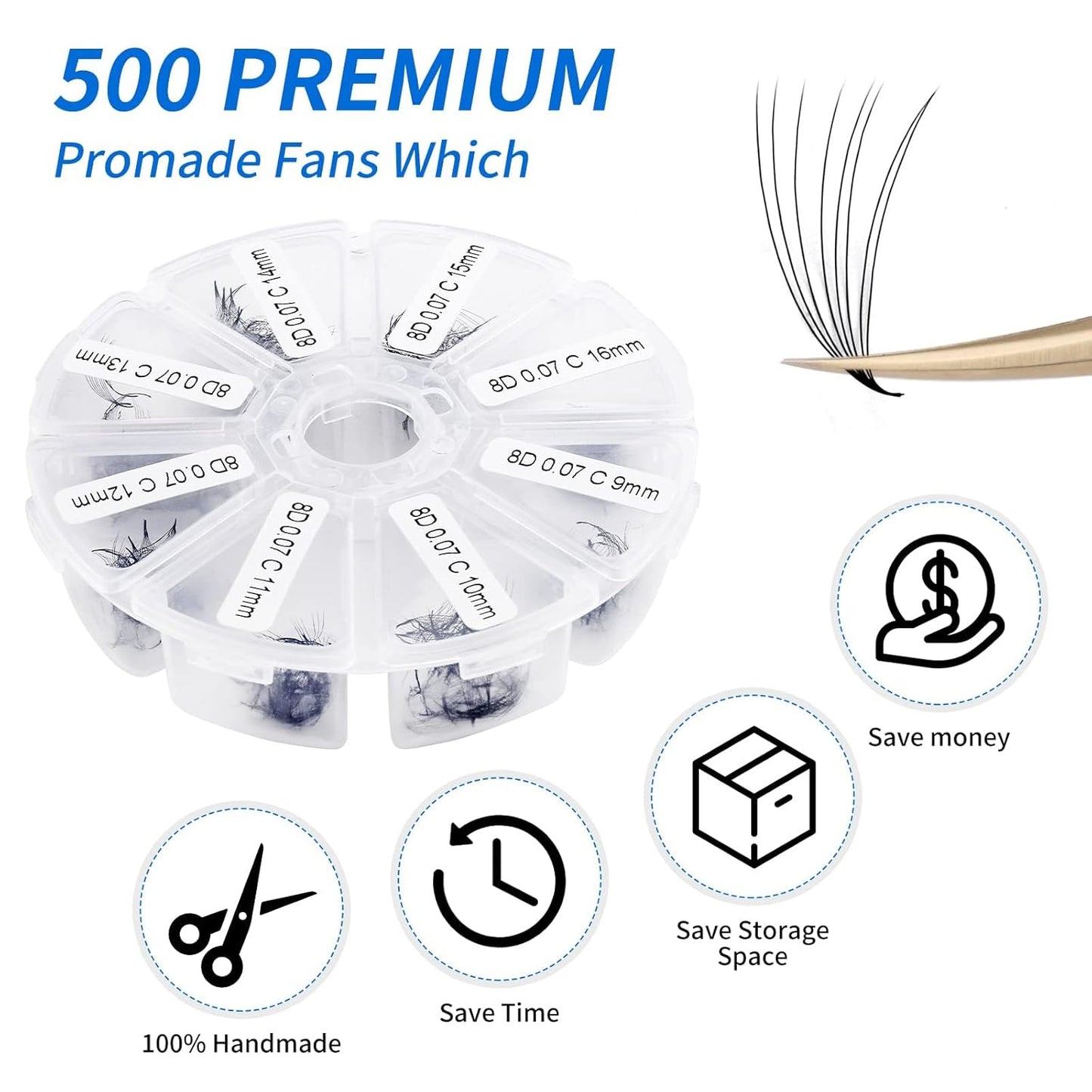 Premade Fans for Eyelash Extension: 8D, Wendy Lashes, Handmade Fans, Pre-made, For Lash-Artists, D, 9-16mm