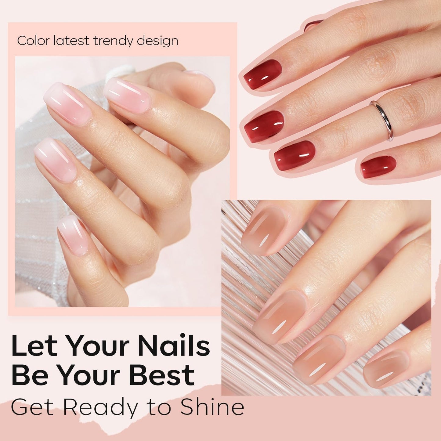 modelones Jelly Nail Polish of 6 Colors Sheer Nude Mini Nail Polish Set Natural Jelly Red Pink Brown Colors Quick Dry Fingernail Polish for DIY Fall Winter Nail Art Salon Home Gift for Women Girl