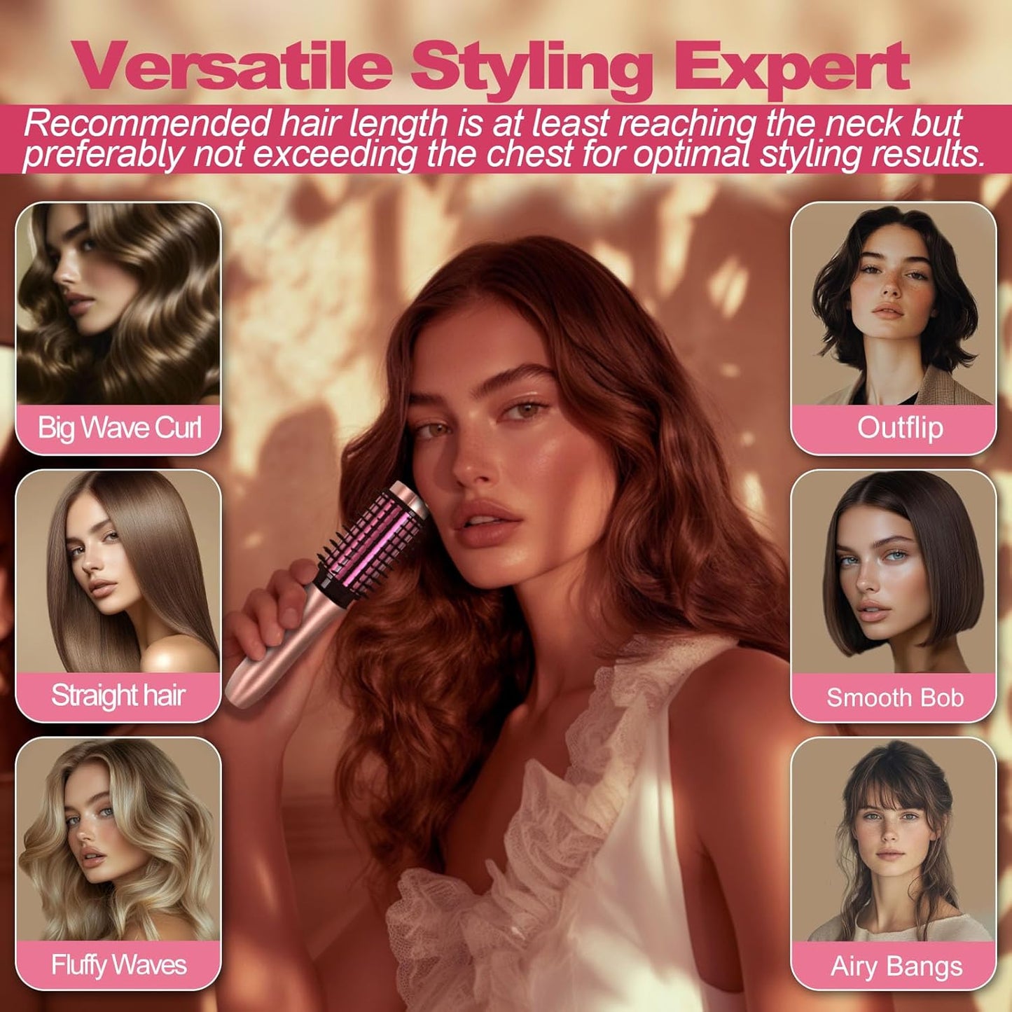 Cordless Hair Curling Iron Brush, Mini Travel Hot Straightener Comb, 3-in-1 Portable Wave Curling Wand, 1.5″ Ionic Heated Brush, USB Rechargeable Hair Curler, Pink – No Automatic Rotation