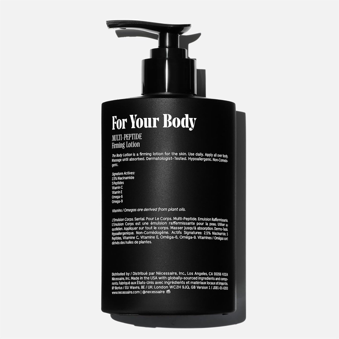 Nécessaire The Body Lotion with Pump. Santal. Multi-Peptide Firming Lotion to Moisturize, Firm, Strengthen. 2.5% Niacinamide, Vitamin C/E + Omega 6/9. 450ml / 15.2 fl oz