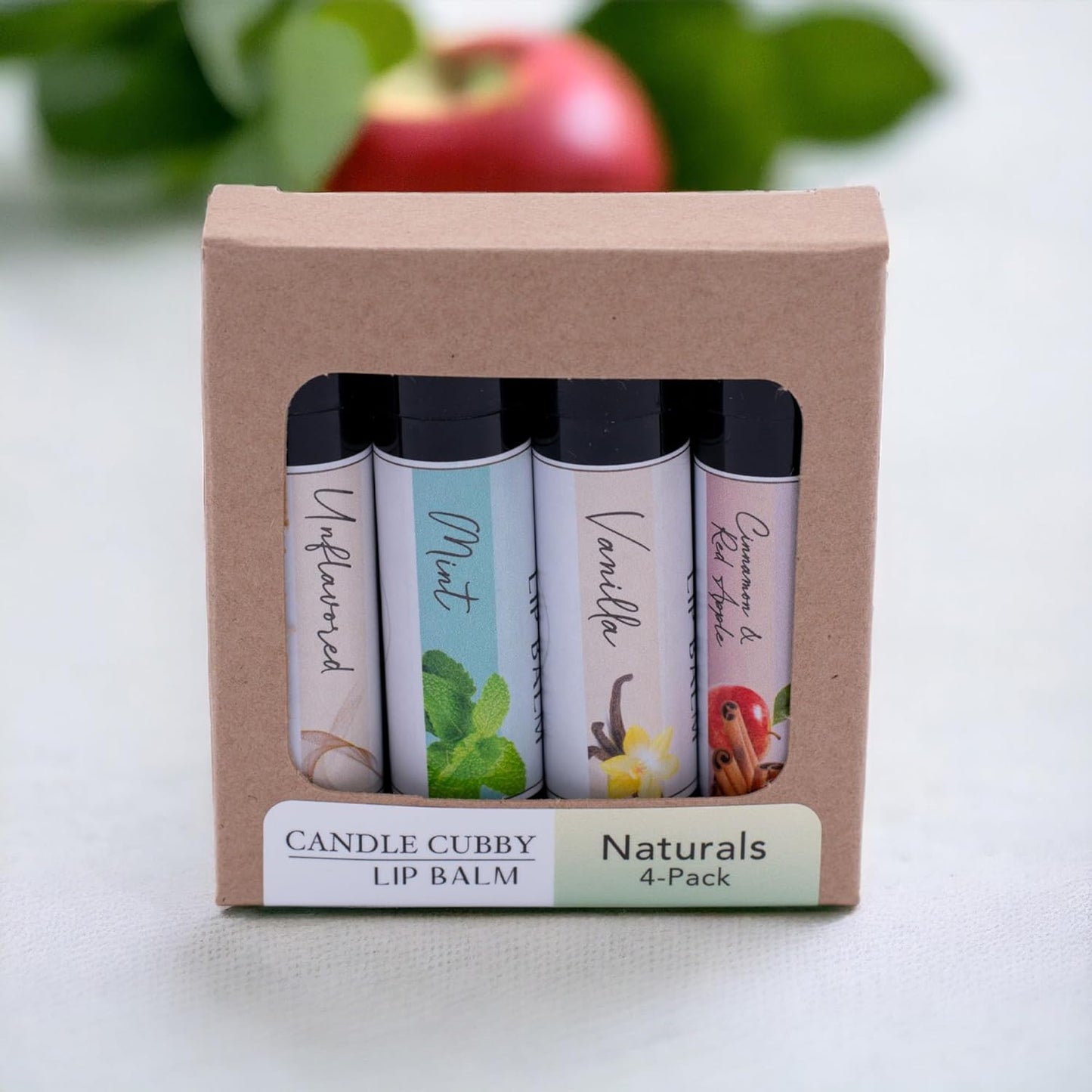 Lip Balm Naturals 4-Pack, Mint Vanilla Cinnamon Red Apple Unflavored, Natural Beeswax, Moisturizing Lip Treatment, 4 Tubes, 0.15 oz., White