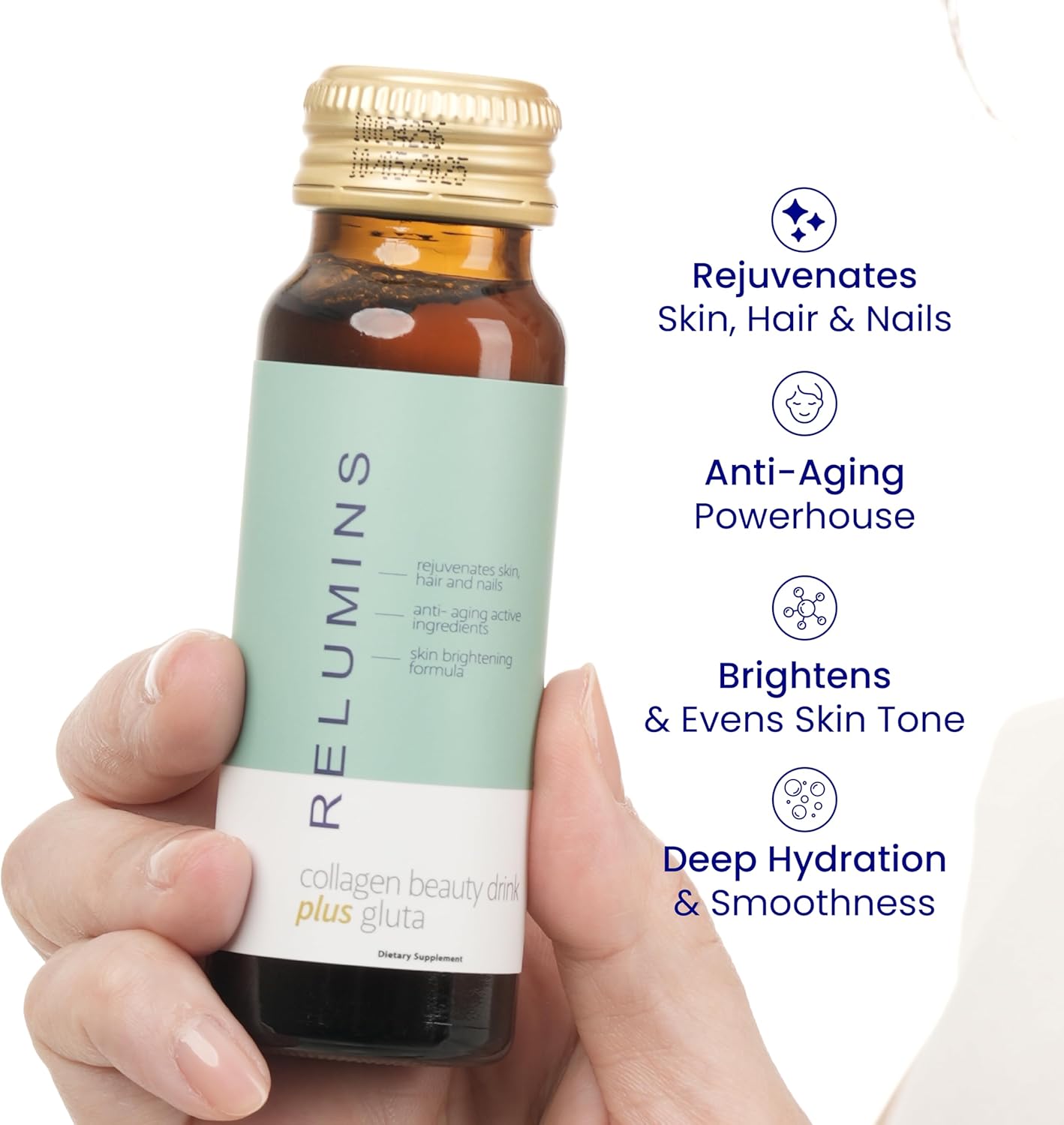 Relumins Advanced Collagen Beauty Drink with Glutathione, Hyaluronic Acid & Antioxidants - Post-Summer Skin Recovery & Shots for Radiant Skin, Hair & Nails - Apple Flavor - 20 Bottles x 50mL