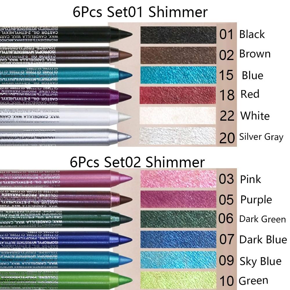 Kaely 6Pcs Glitter Gel Eyeliner Pencil Set for Women, Color Eye Liner Waterproof Smudge Proof with Sharpener, High Pigmented Eye Makeup Liners, lapiz de ojos delineador de ojos contra el agua, 01