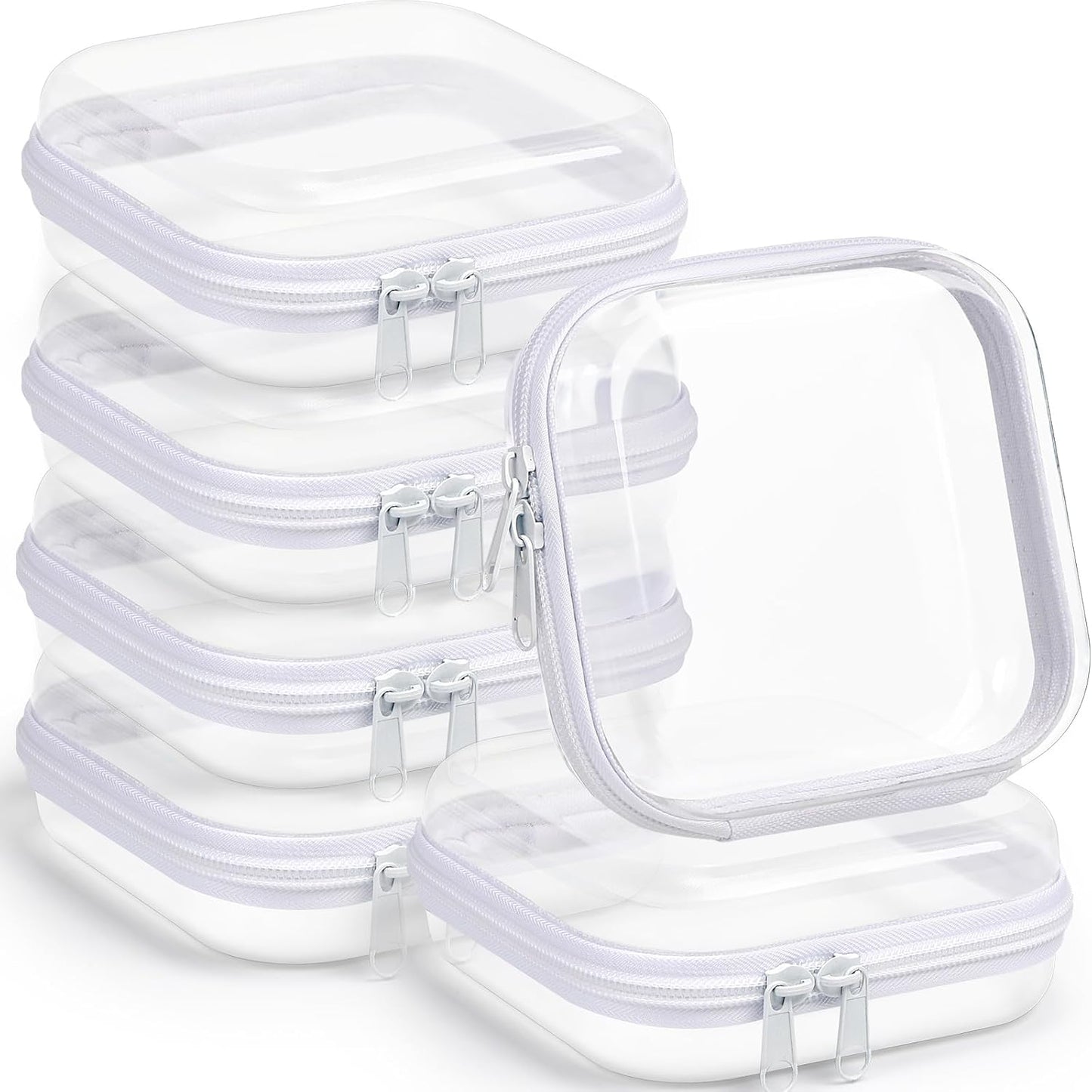 Sanwuta 6 Pcs Clear Hard Zipper Case Pencil Pouches Hard Plastic Zipper Pouches Makeup Bag Transparent Cases for Snacks Plastic Storage Organizer Box for Travel(White,5 x 5 x 2 Inch)