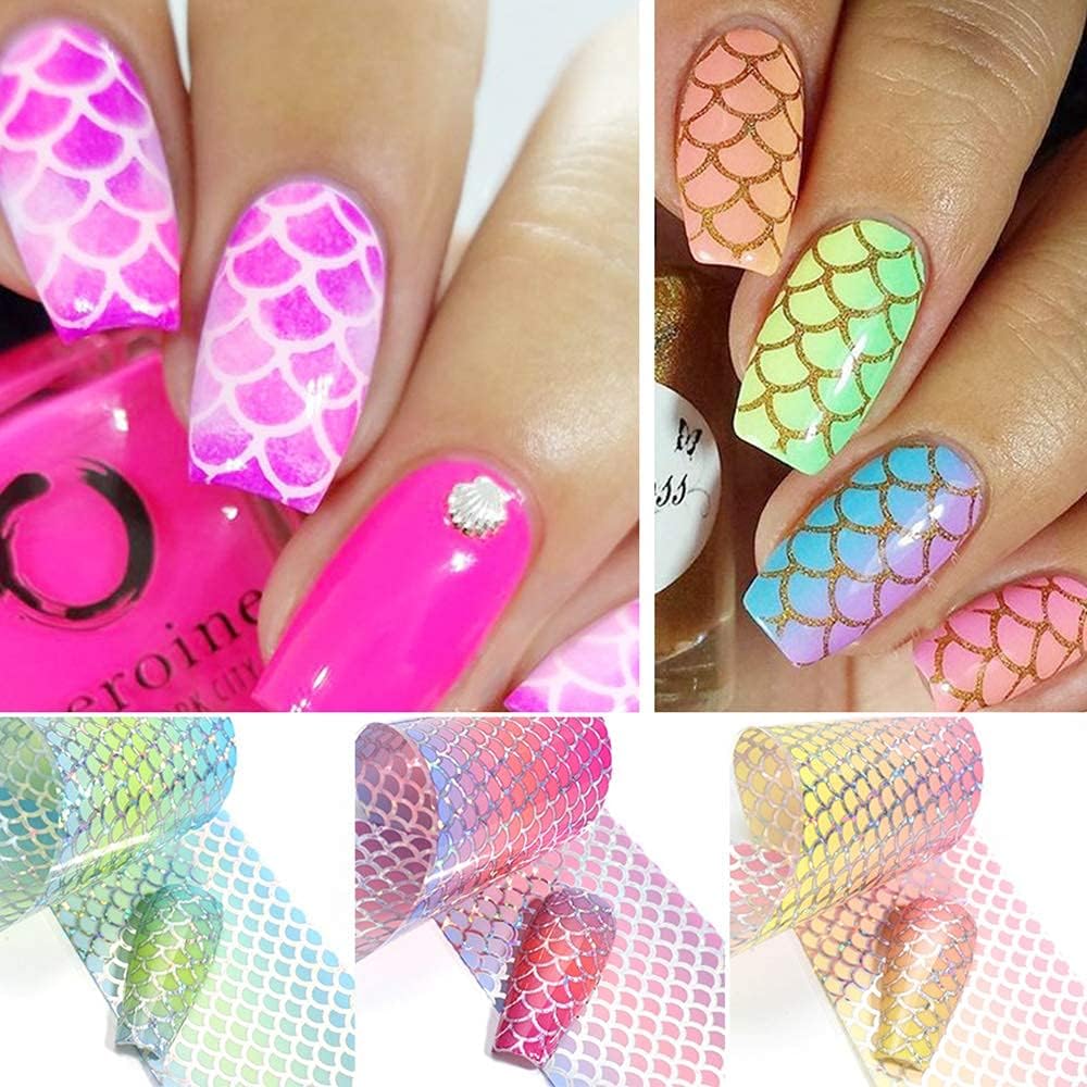 Mermaid Nail Transfers Foil Stickers, Holographic Iridescent Laser Mermaid Nail Art Stickers Decals Fish Scales Pattern Decoration for Women Girls Acrylic Nail Decor Supplies(10 Sheets)