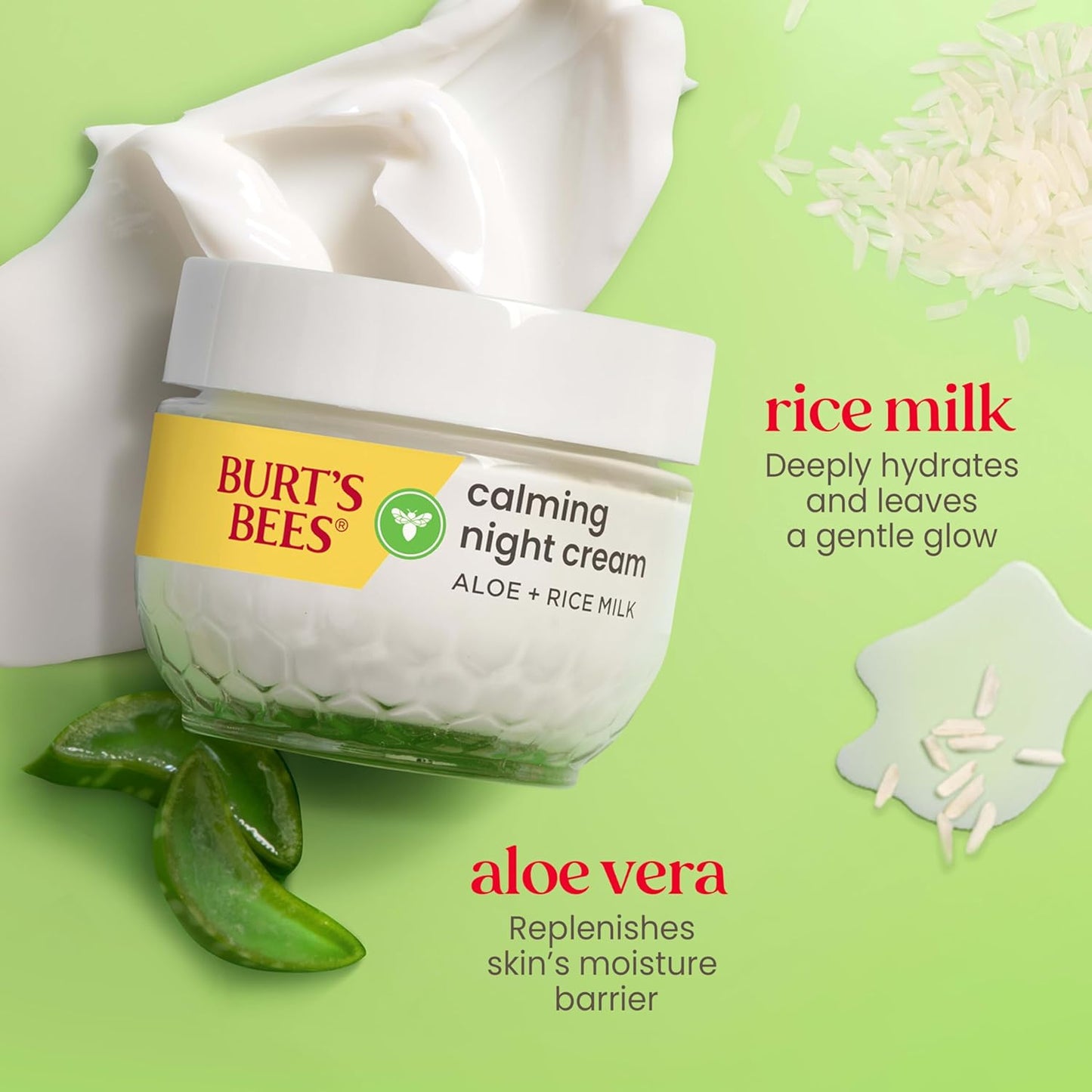 Burt's Bees Back To School Dorm Essentials, Calming Night Cream, With Aloe and Rice Milk, Face Moisturizer For Sensitive Skin, 98.8 Percent Natural Origin, 1.8 oz. Tub