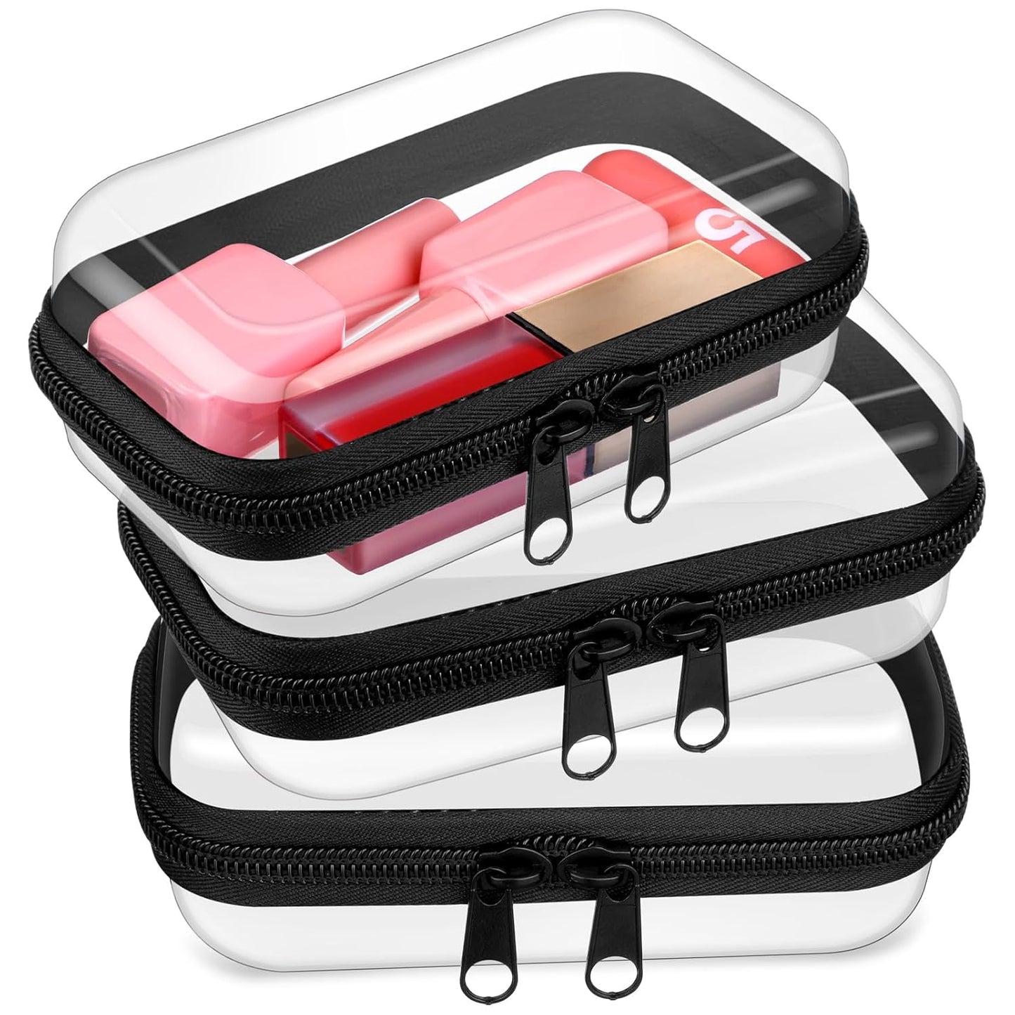 Hoolerry 3 Pcs Clear Hard Zipper Case Plastic Pouch Transparent Hard Case Clear Makeup Bag Portable Travel Organizer Bin for Cosmetics, Building Blocks, Puzzles(Black,Xs)