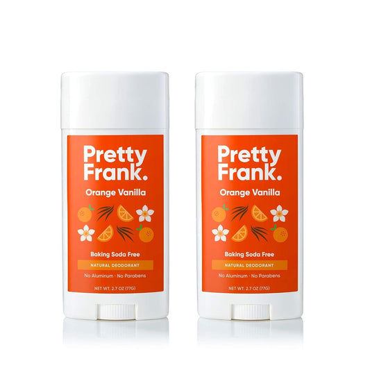 Pretty Frank Natural Aluminum-Free Deodorant Stick, Baking Soda-Free, Orange Vanilla (2-Pack) | Sensitive Skin Friendly, Effective Odor Control for Women & Men, Organic Ingredients and Essential Oils