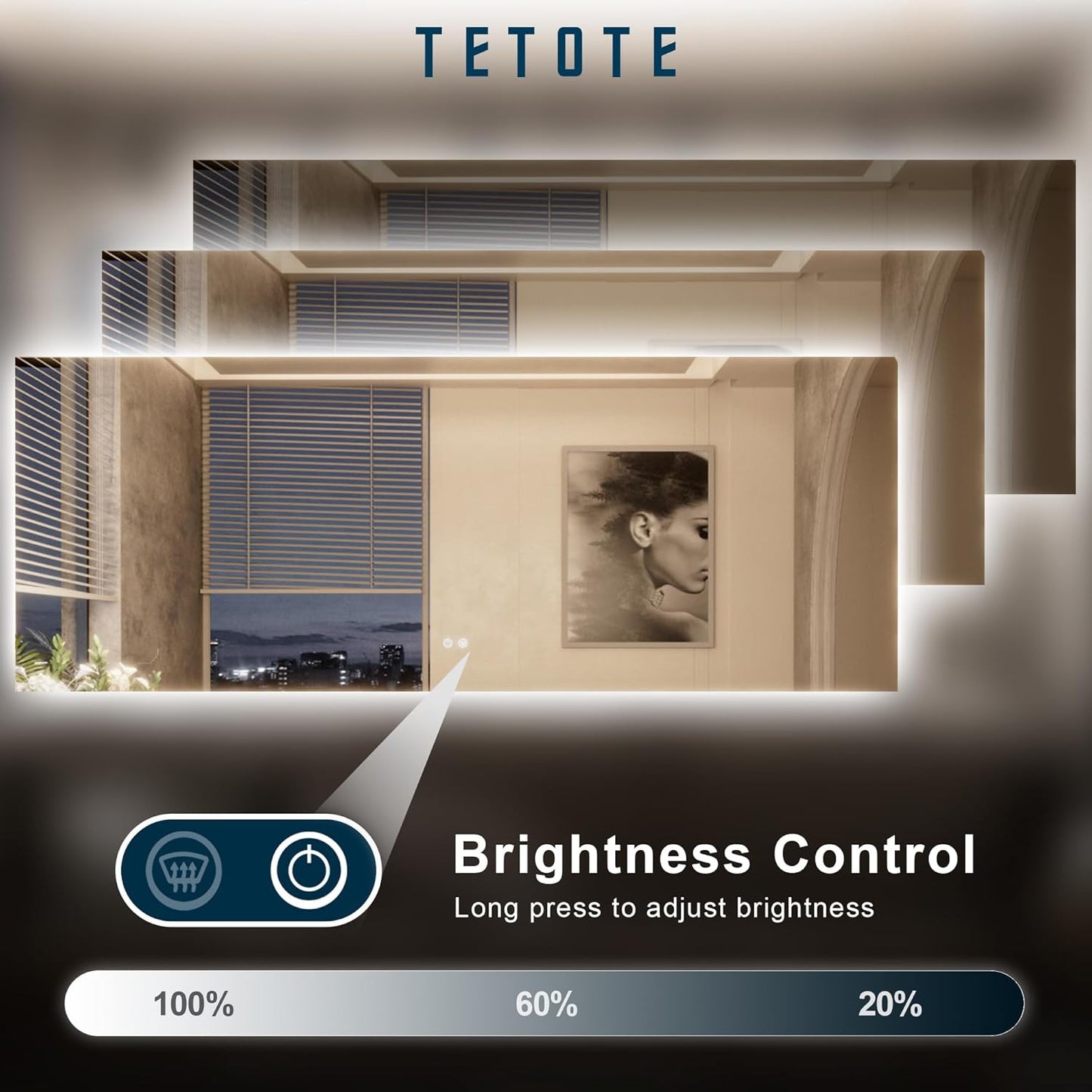 TETOTE 60 x 36 Inch LED Backlit Bathroom Mirror with Lights, 3Color White/Warm/Natural, Anti-Fog Lighted Mirror,Dimmable,Vanity Mirror,Wall Mounted